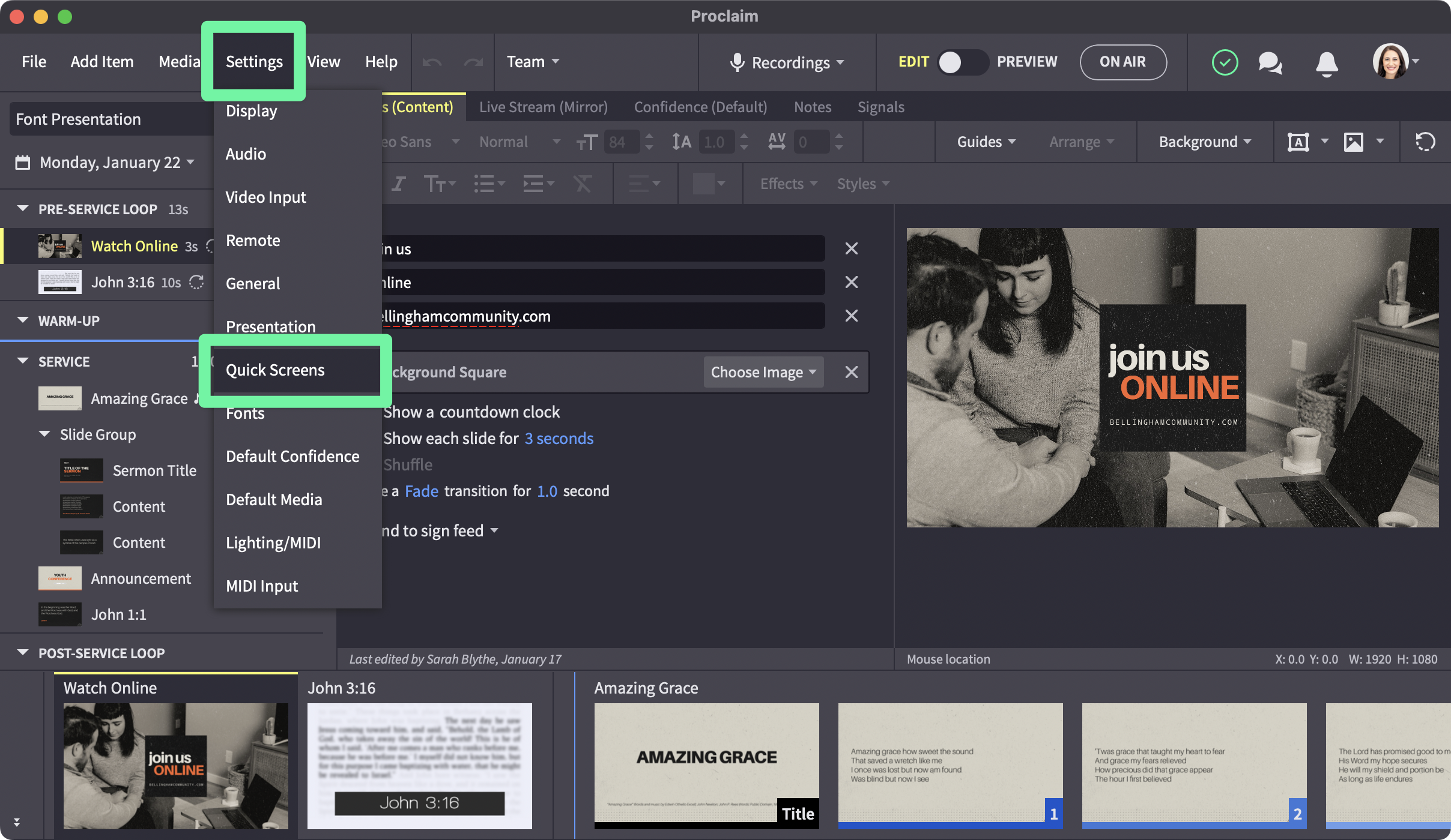 settings menu open with quick screens option highlighted