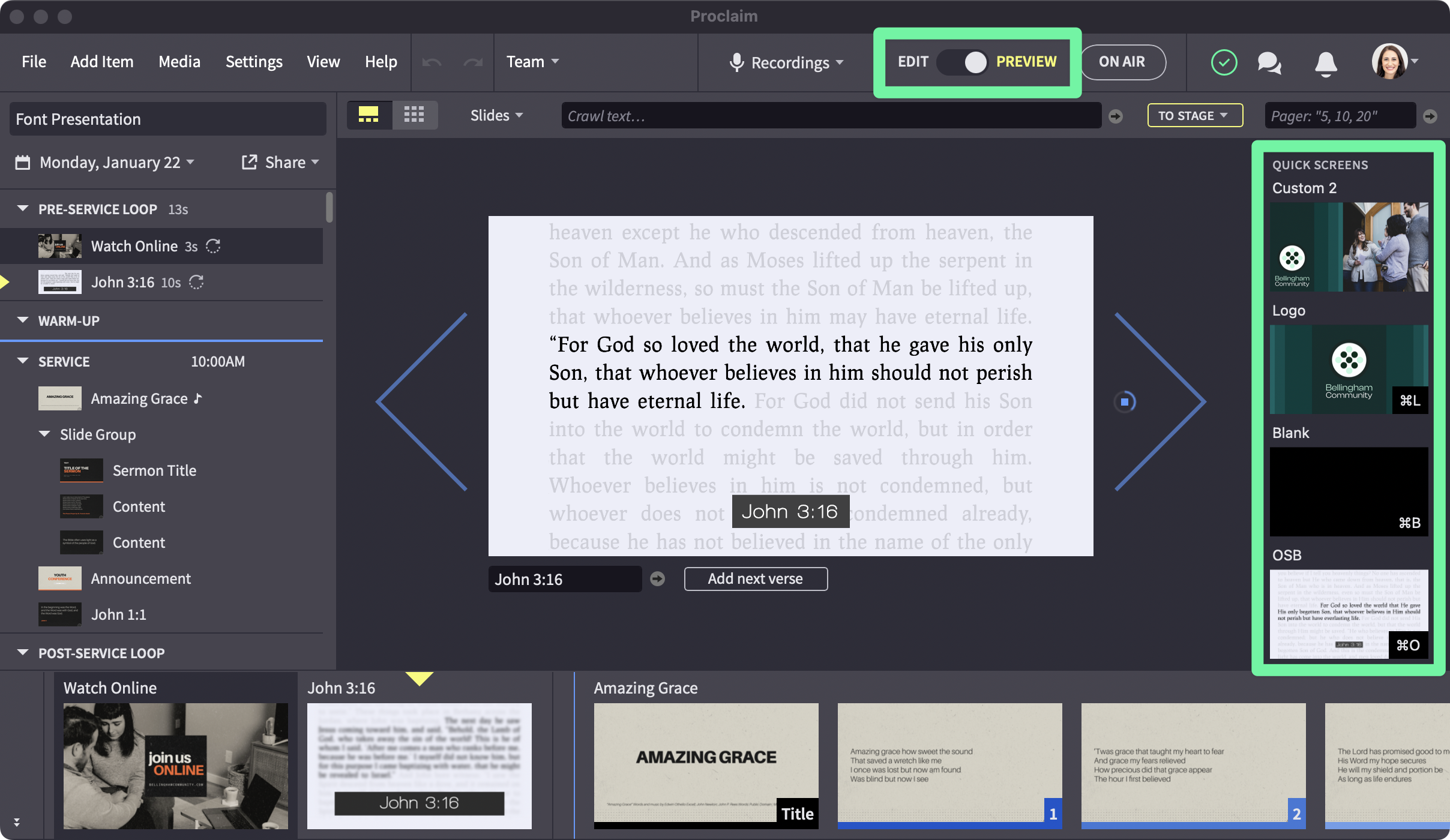 Preview mode in Proclaim with quickscreens called out