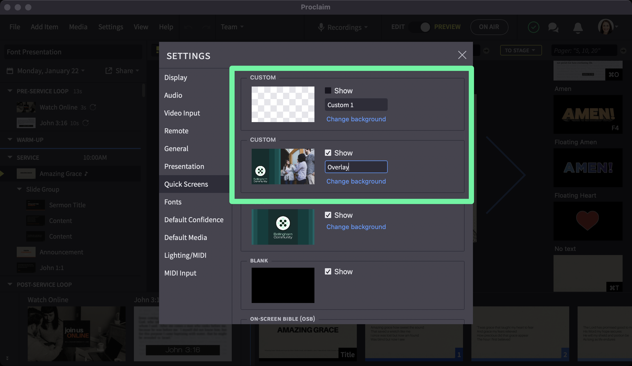 custom quickscreens with custom names for each screen