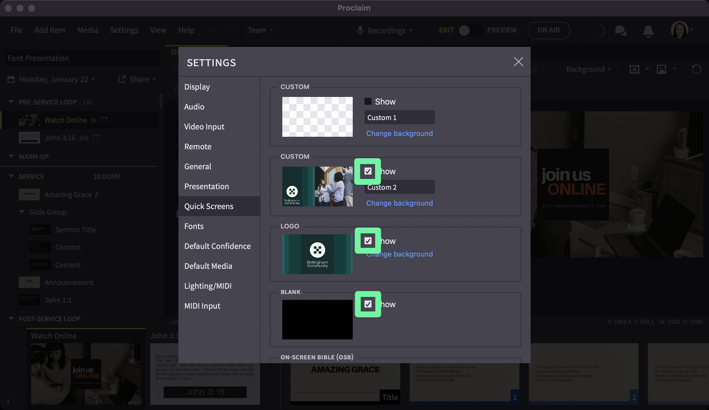 Quick screen menu popup