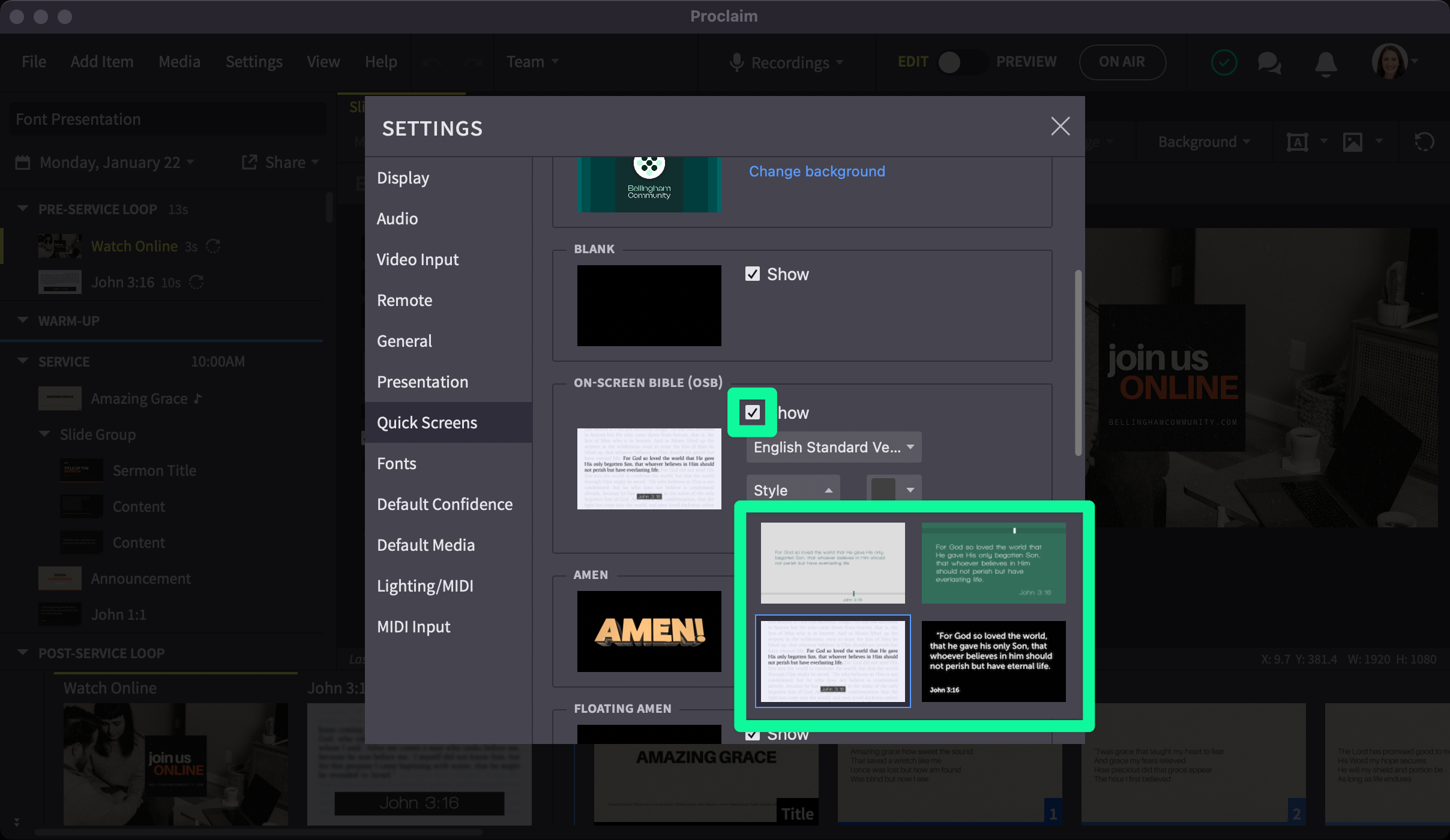 On Screen Bible enabled in quick screens menu