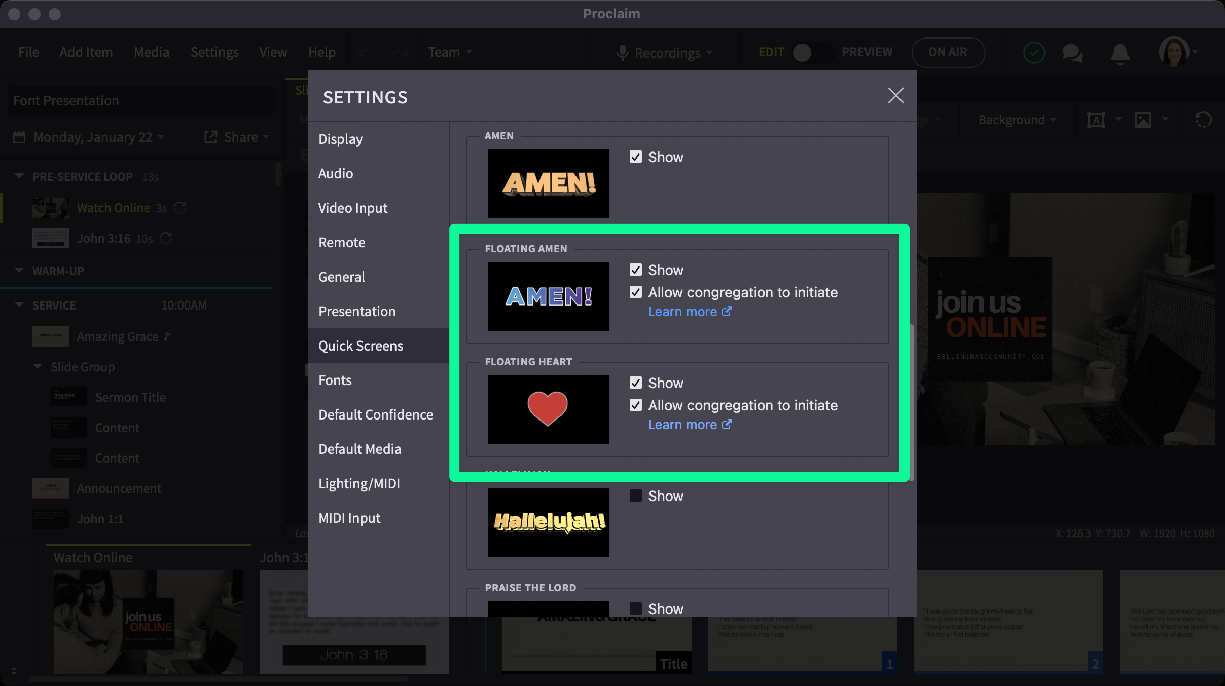 floating hearts and amen enabled in quick screens menu