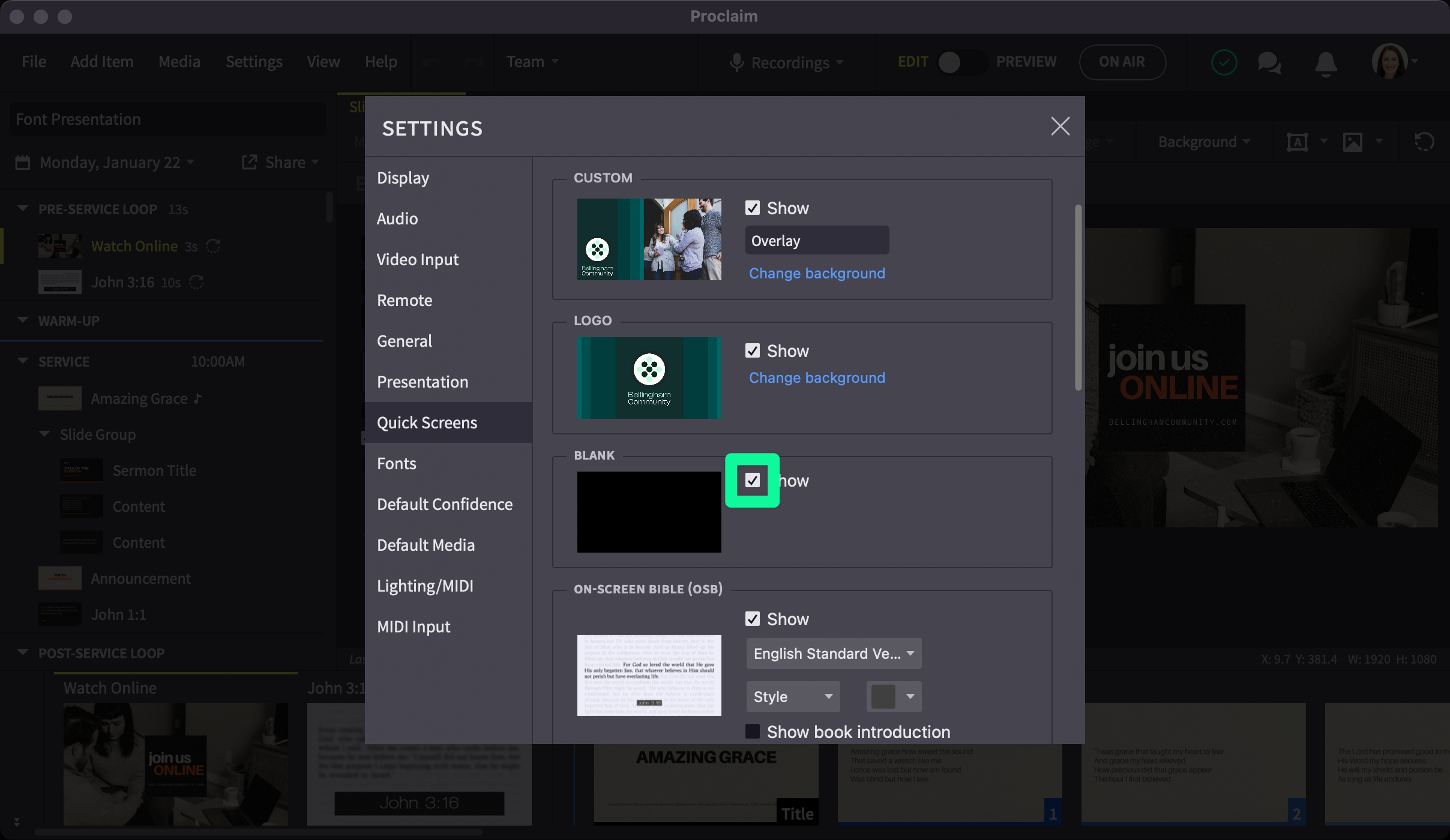 Blank quick screen enabled in quick screens settings