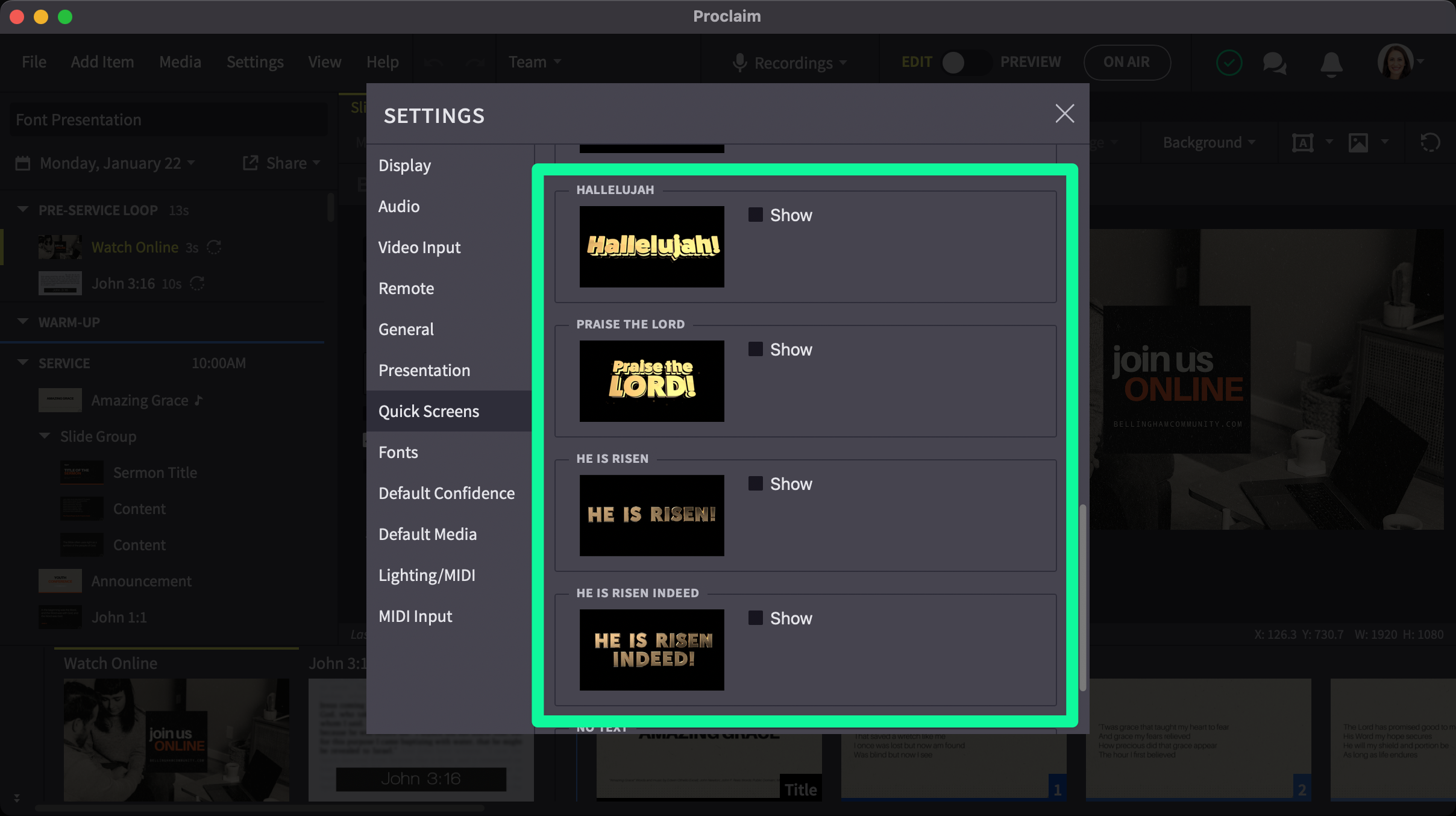 Animated text screens enabled in quick screens menu
