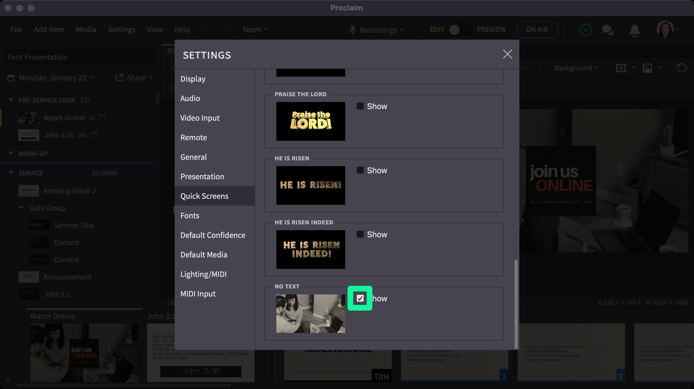 No show screen enabled in quick screens menu
