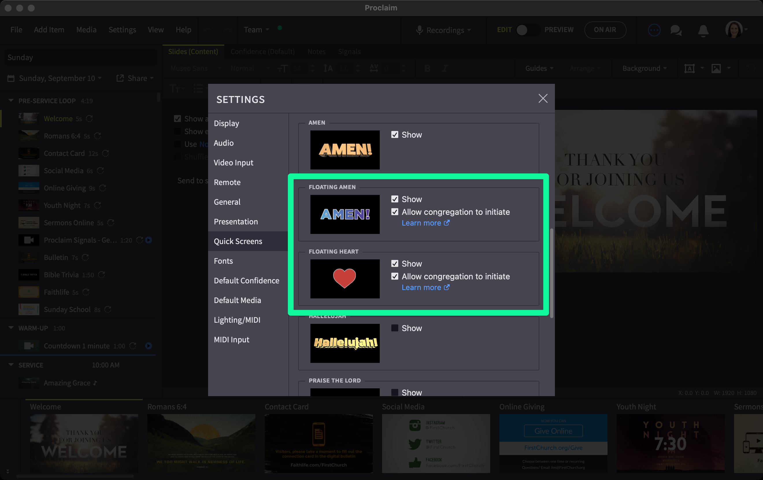 Floating Quick Screen settings menu with floating amen and hearts called out