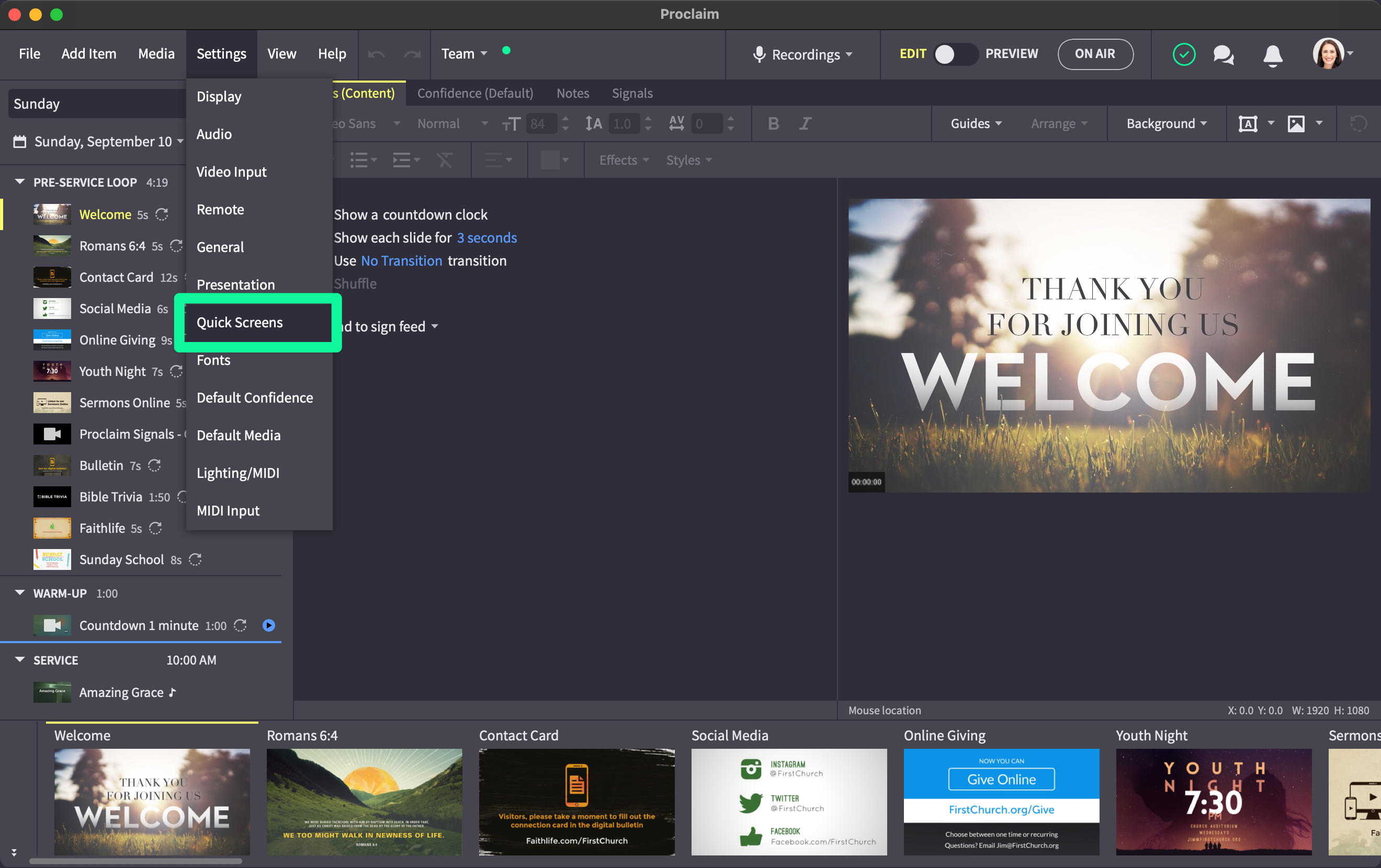 Proclaim with the Quick Screens setting option showing