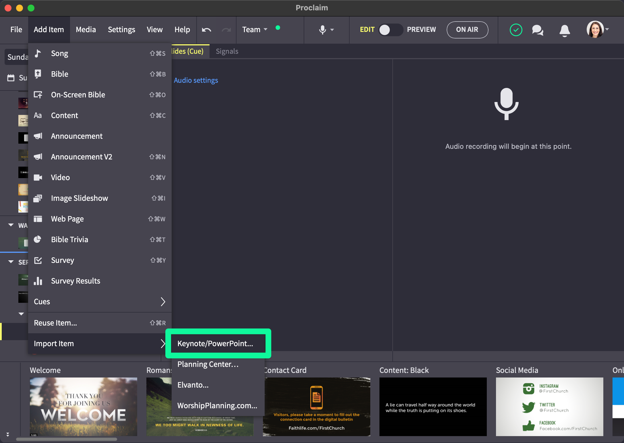 Proclaim showing Add Item menu with import item highlighted