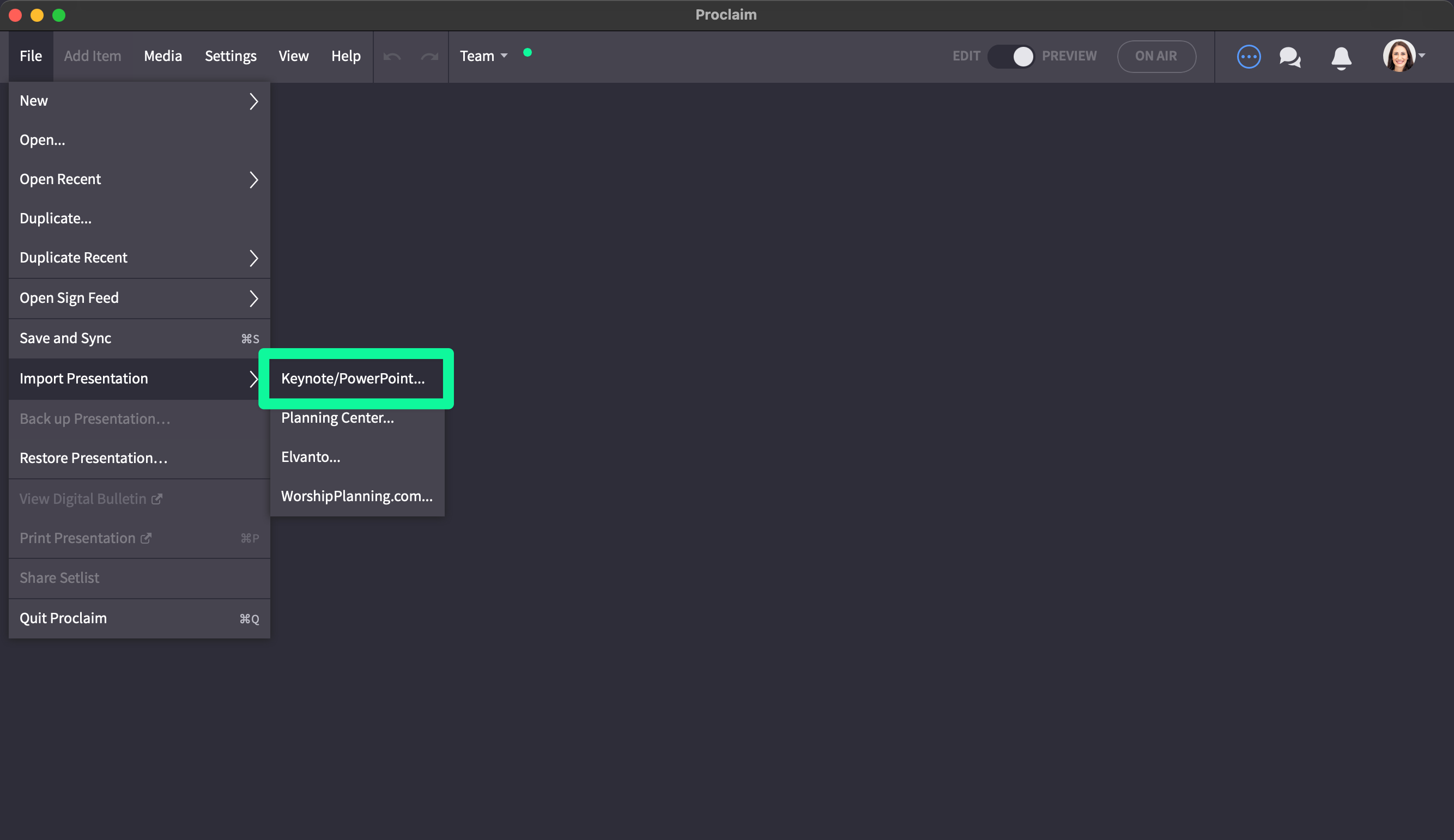 Proclaim's File Menu With The Import Keynote Option Highlighted