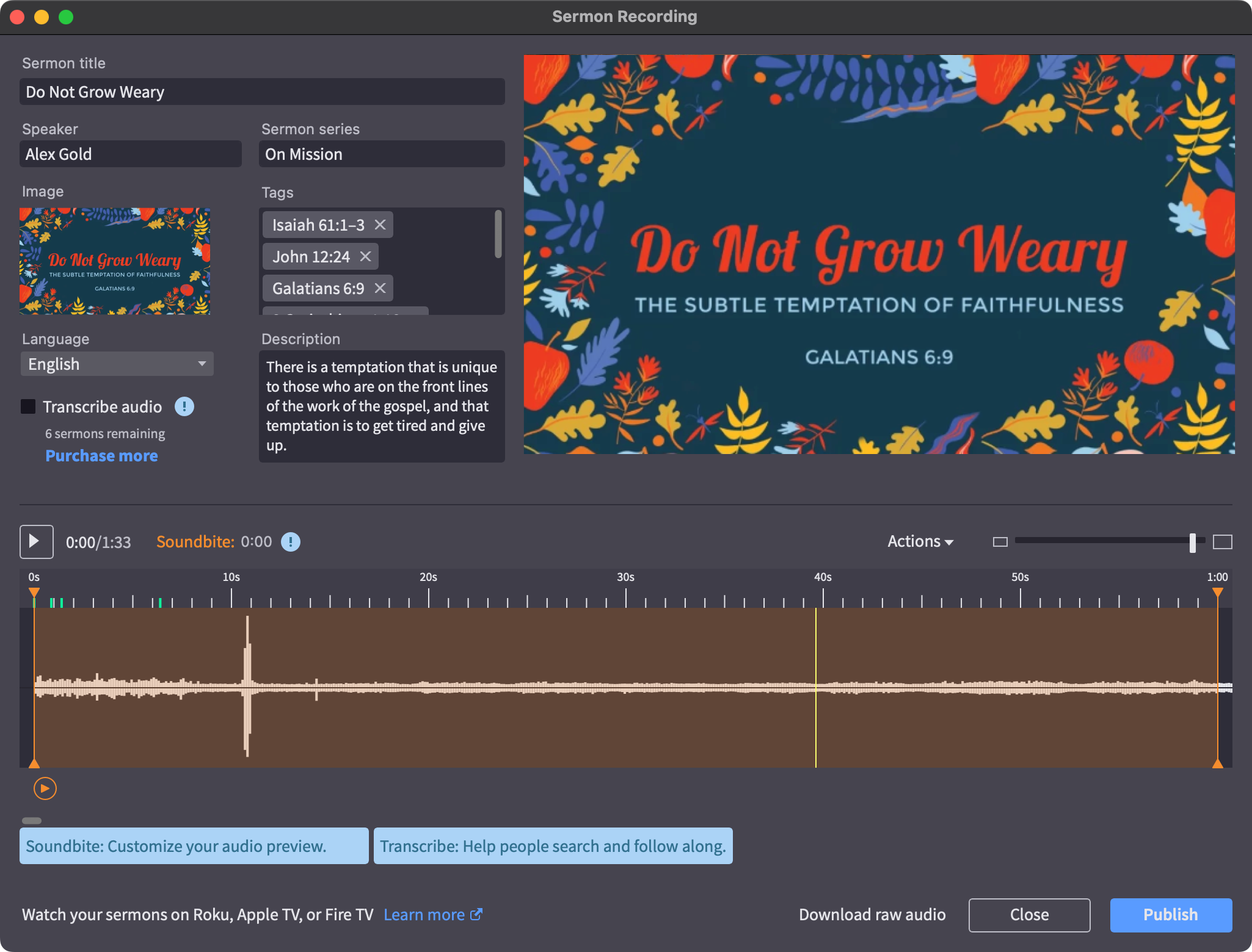 Sermon Recording popup in Proclaim showing sermon metadata, audio wave form, and publish options