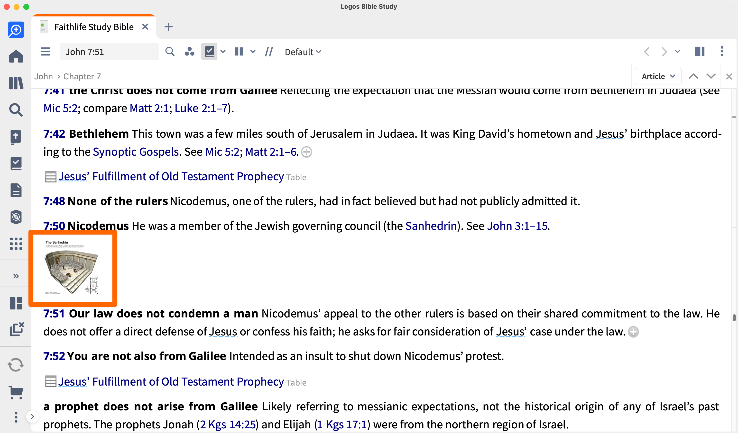 Faithlife Study Bible open to John 7:42 with a graphic called out