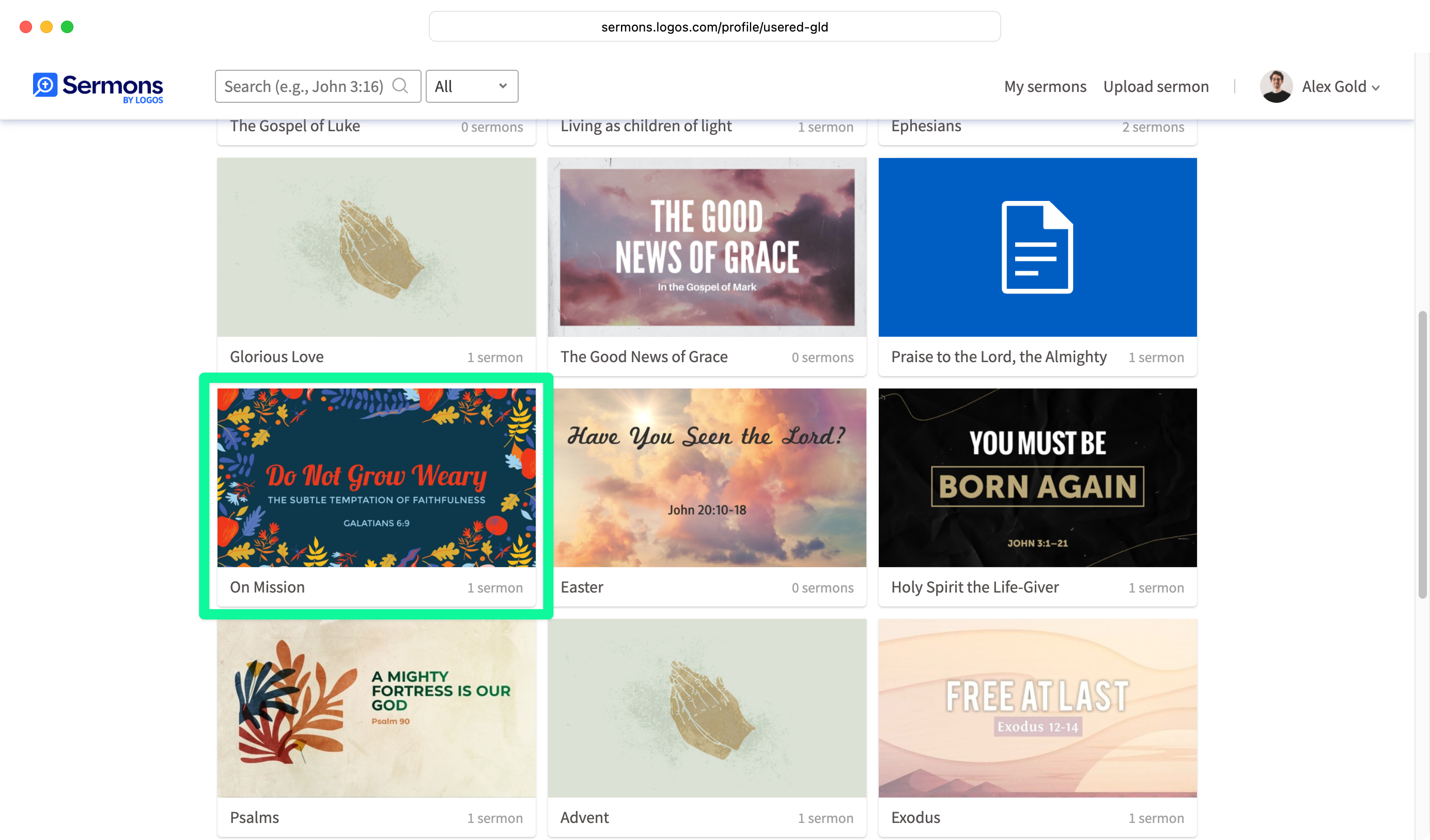 Sermons showing in a grid with one highlighted
