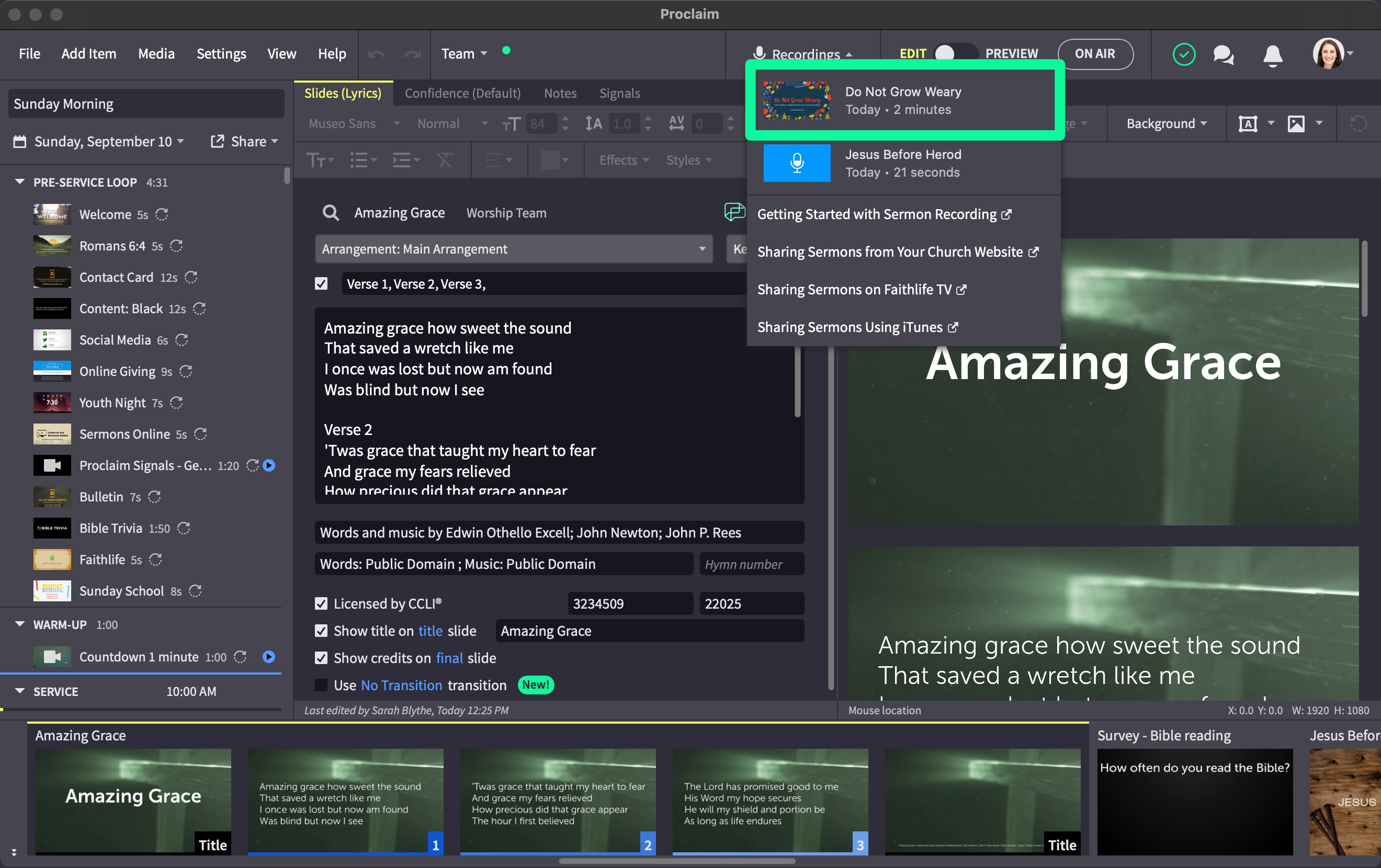Proclaim main window showing Recordings dropdown expanded