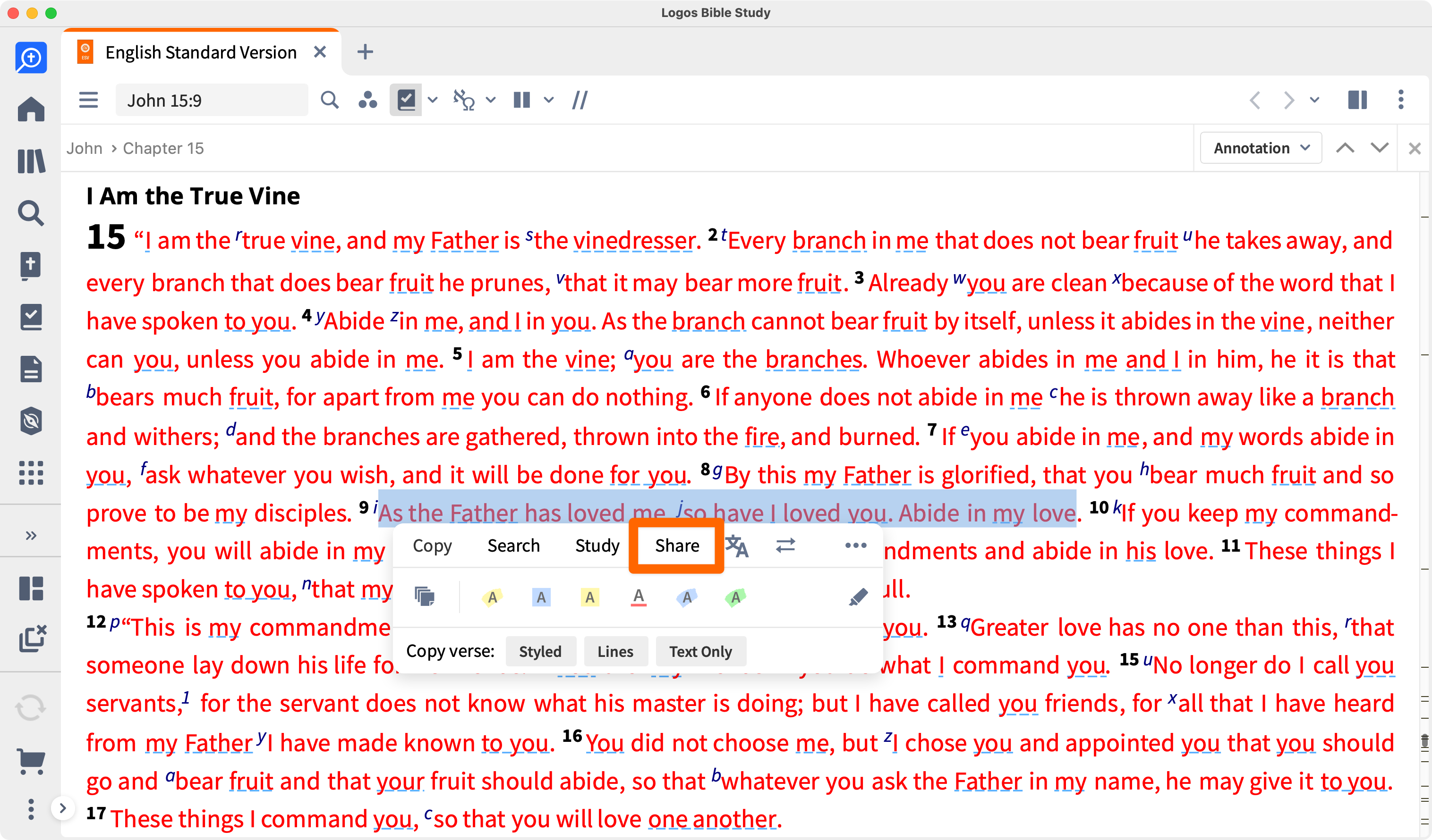 Logos showing John 15:9 selected with the selection menu popup showing and the share option highlighted