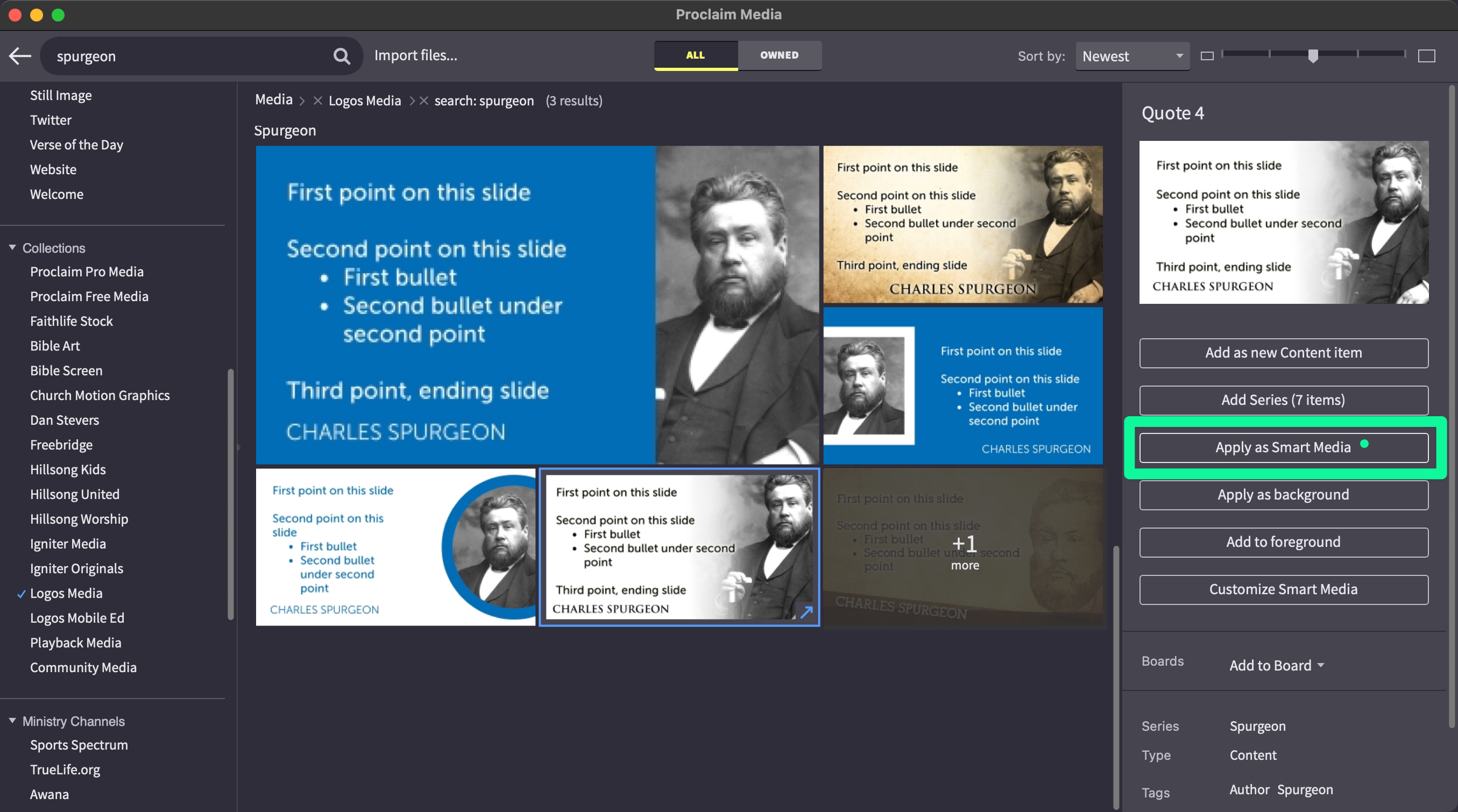 Spurgeon background selected with Apply as Smart Media called out