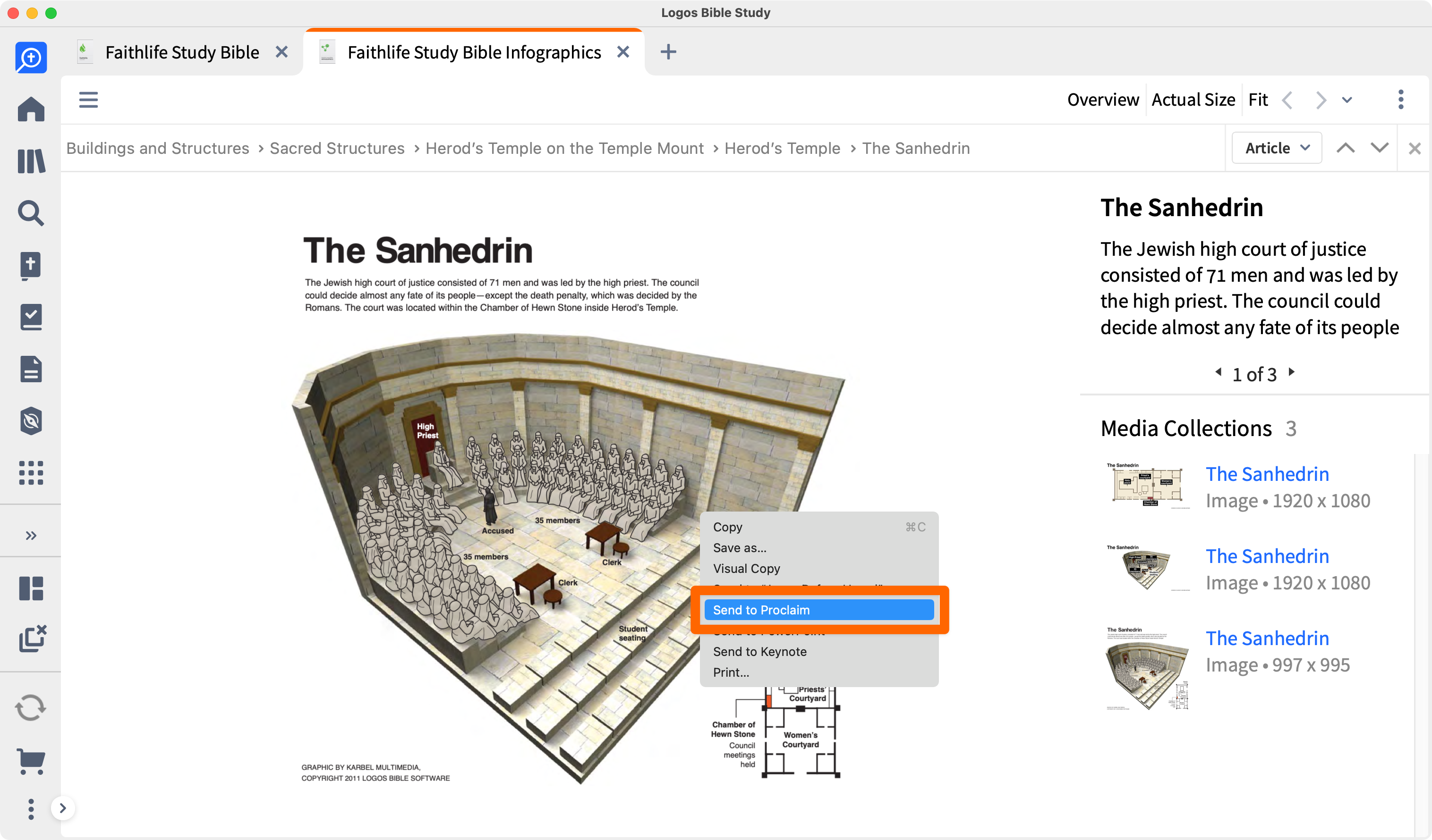 Image in Faithlife Study Bible with popup context menu showing Send to Proclaim called out