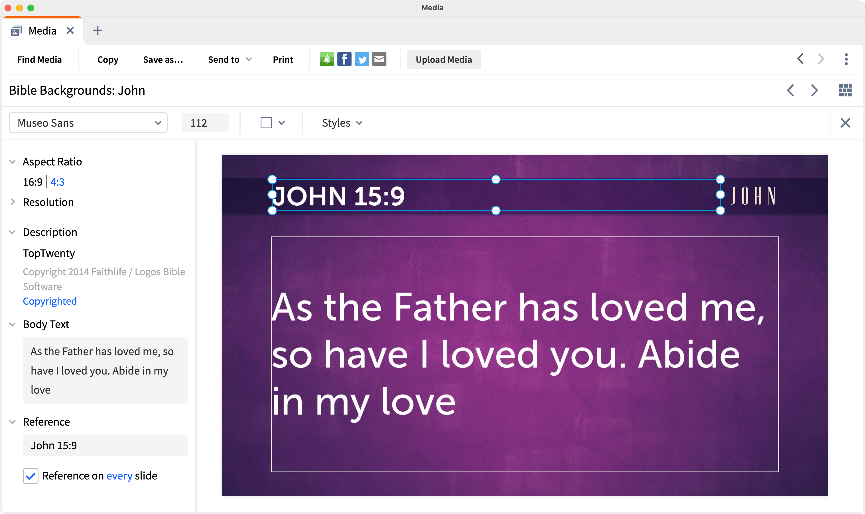 Media generator in Logos showing John 15:9 styled with default styling
