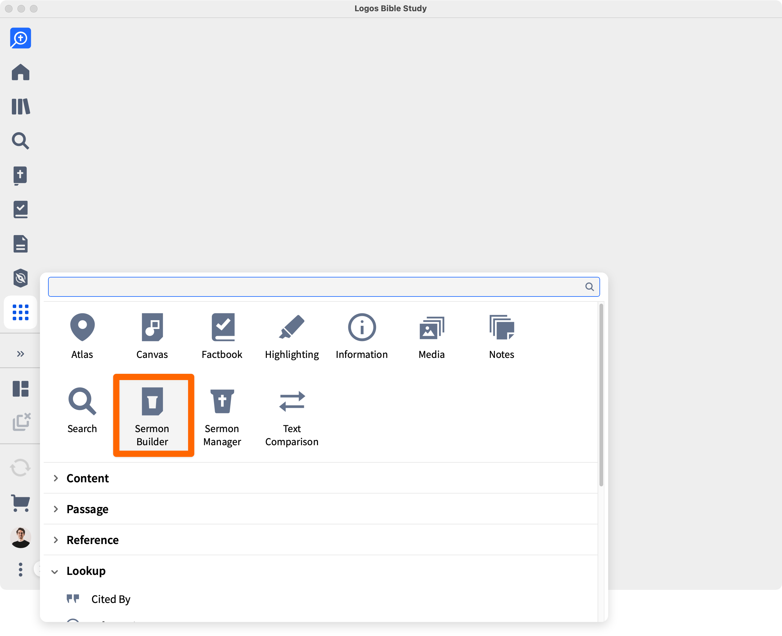 tools menu open with sermon builder called out