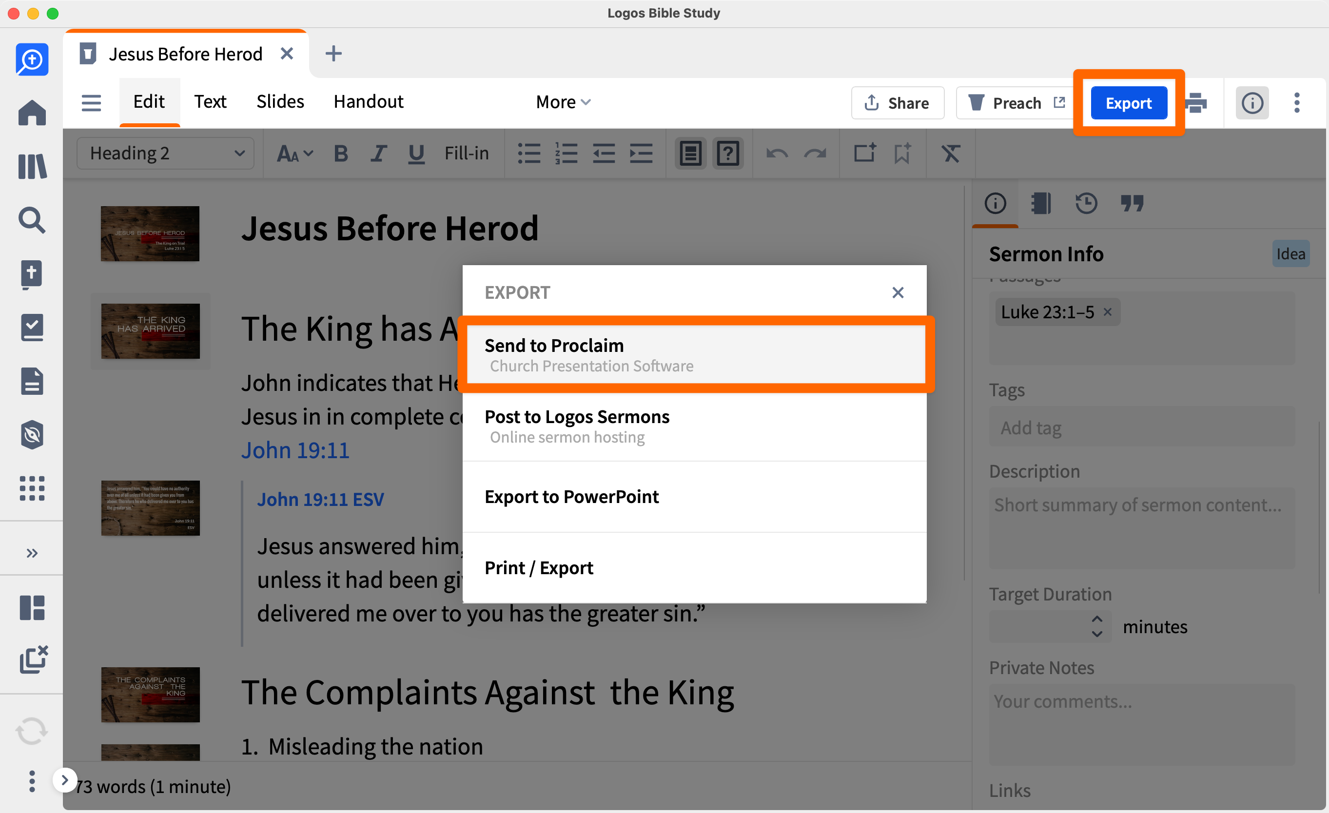 Export dialog showing with Send to Proclaim option highlighted