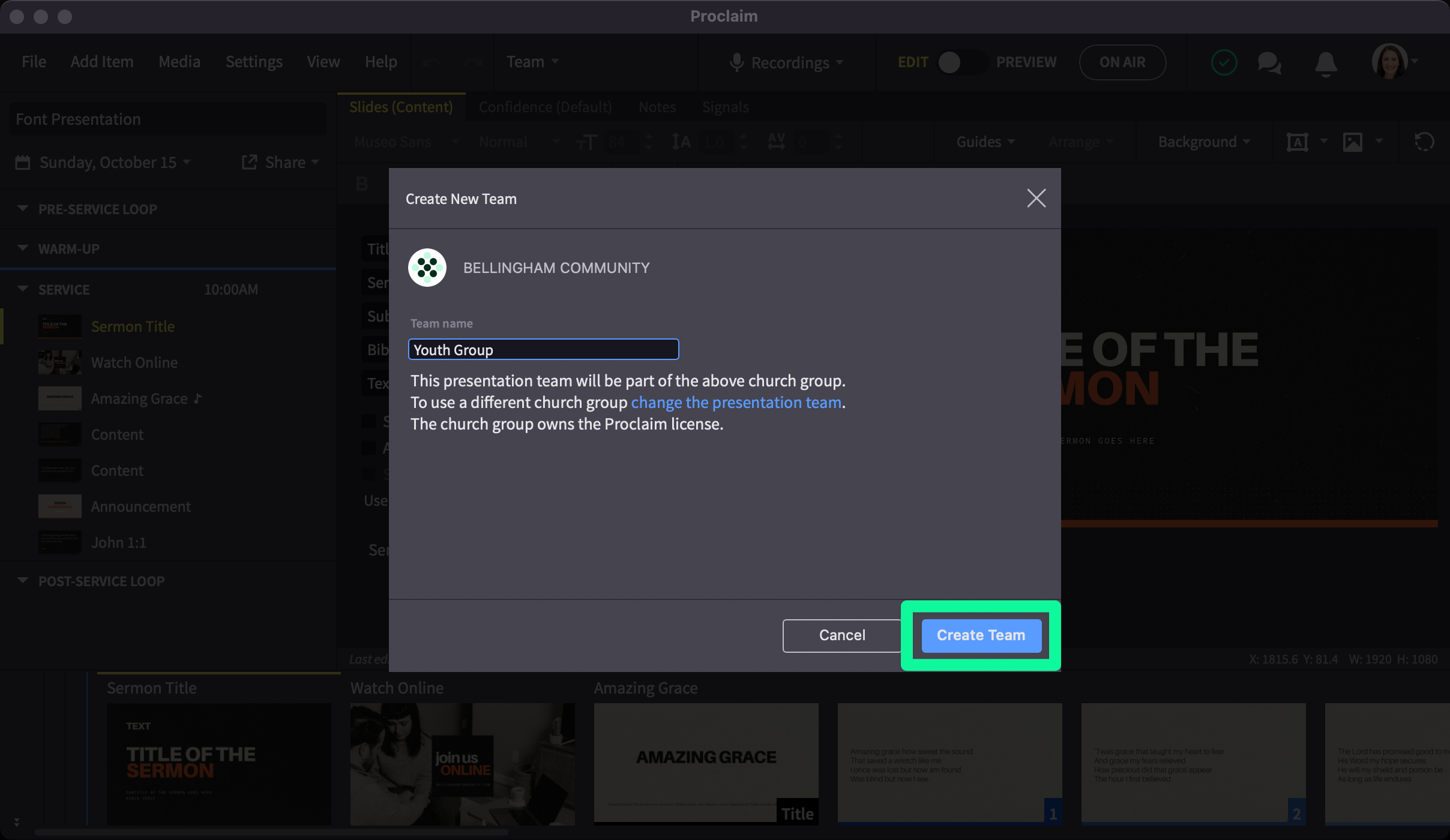 Create New Team Dialog With Create Team Option Highlighted