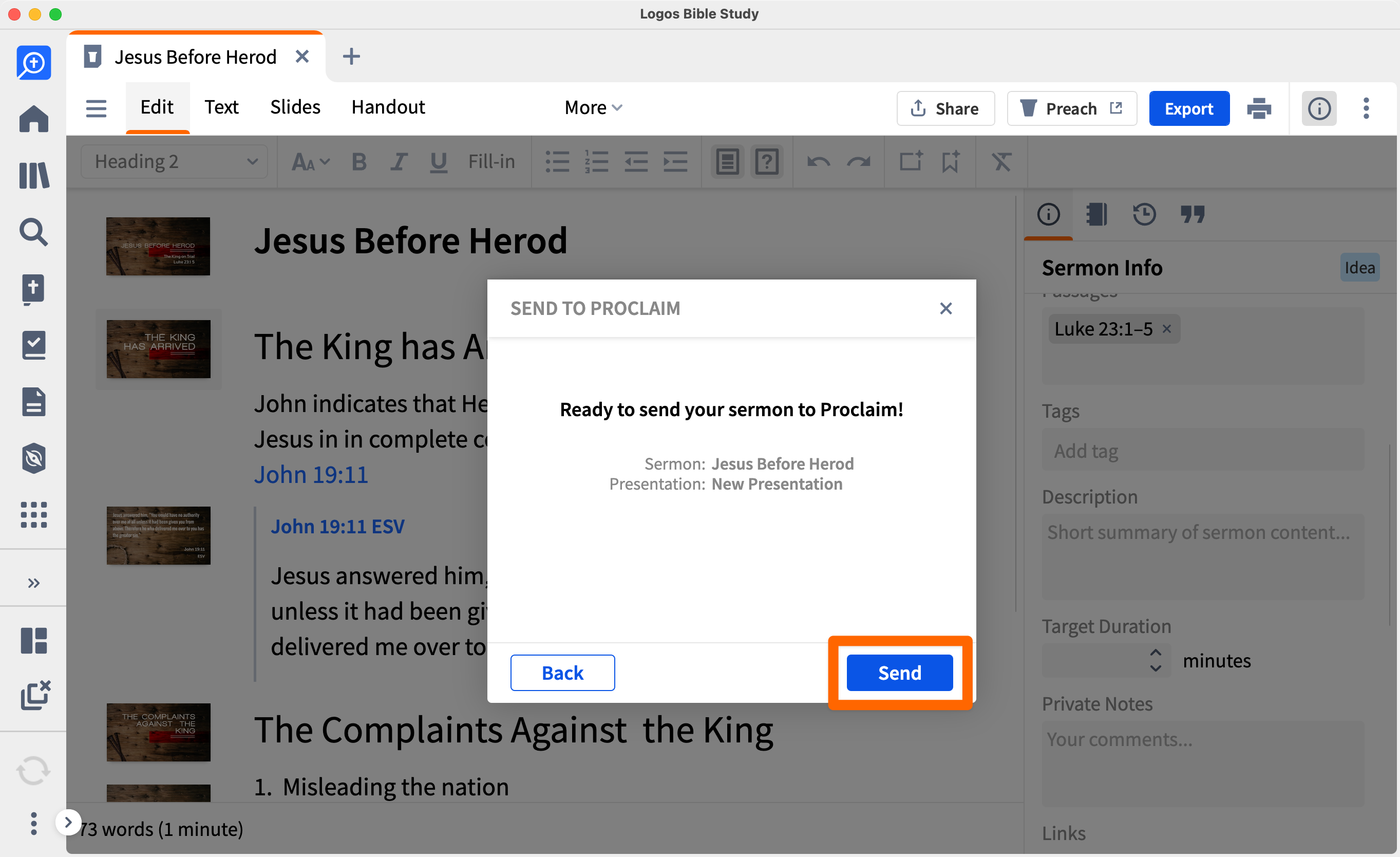 Send to proclaim dialog with the send option highlighted