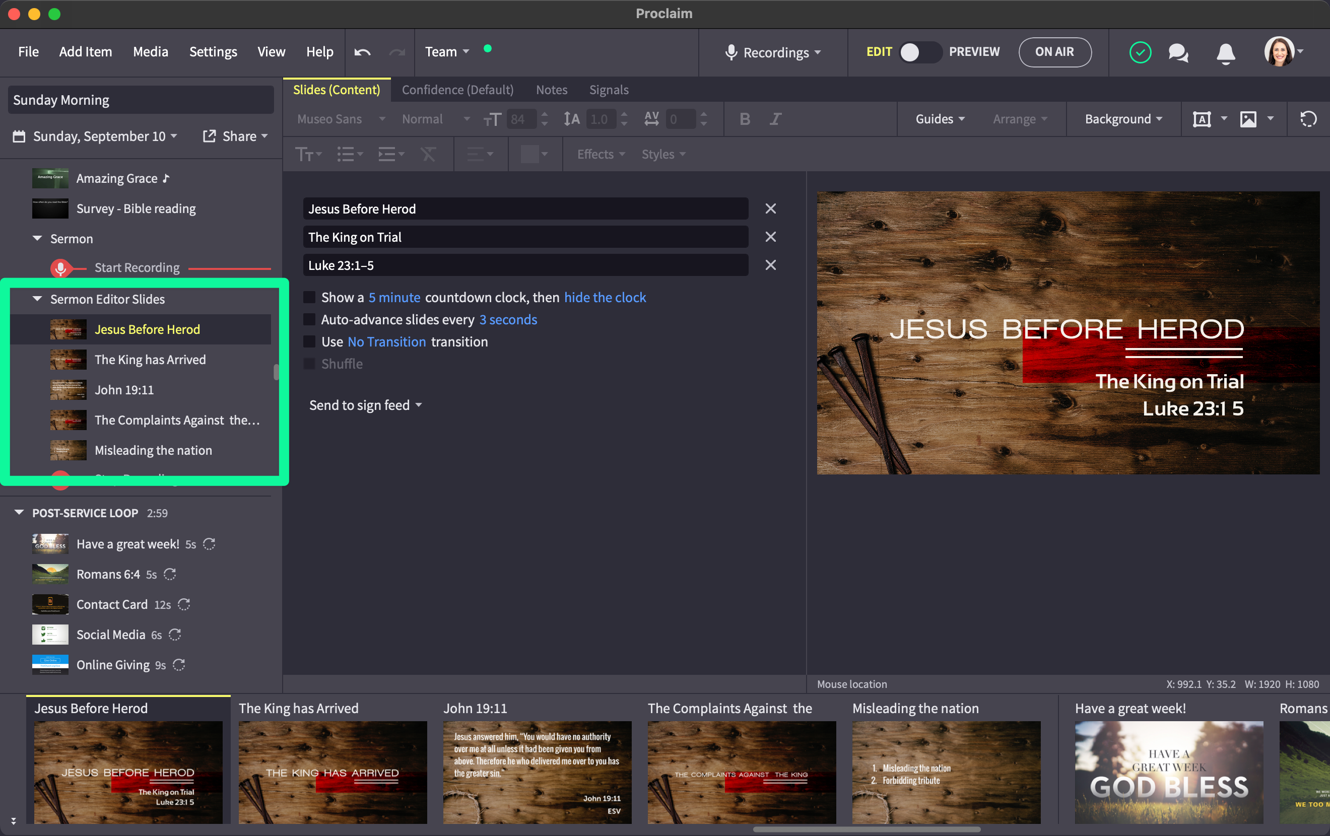 Proclaim service order visible with imported sermon highlighted