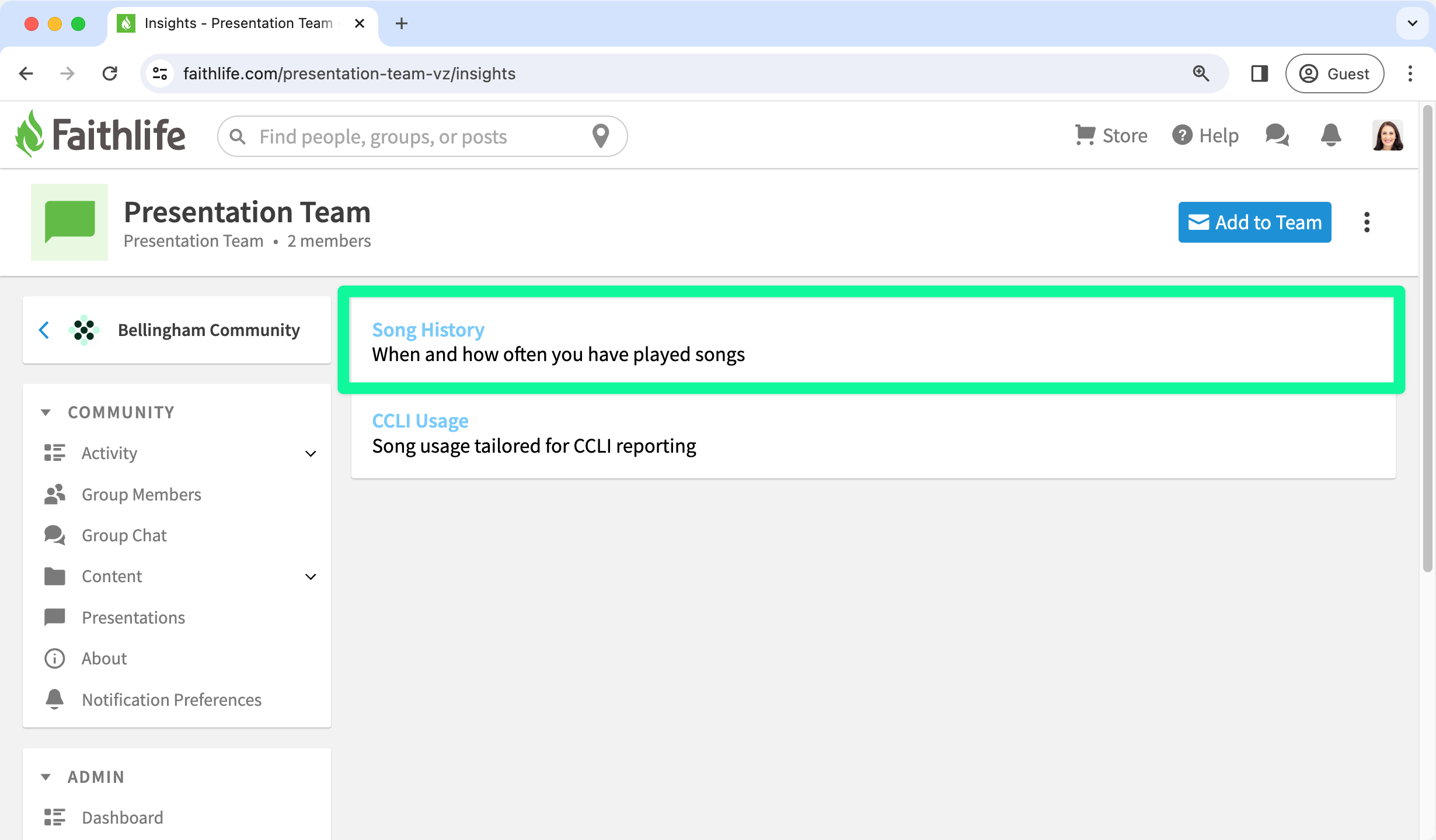Presentation Insights View With Song History Highlighted