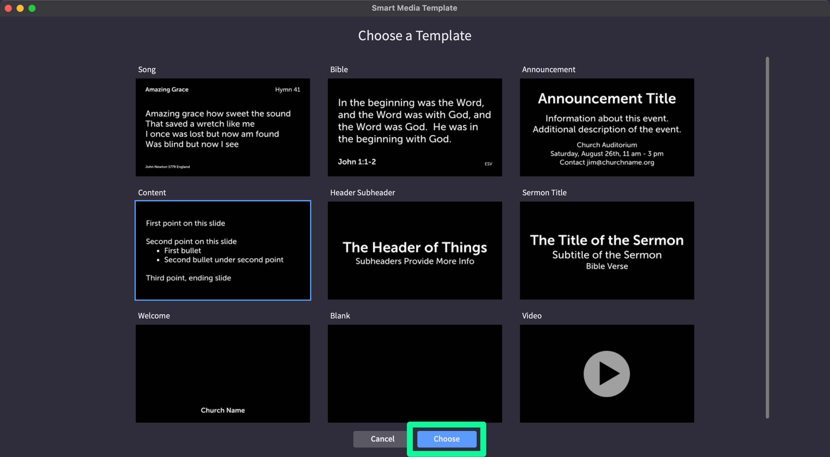 Smart Media Template Selector With Content Option Selected