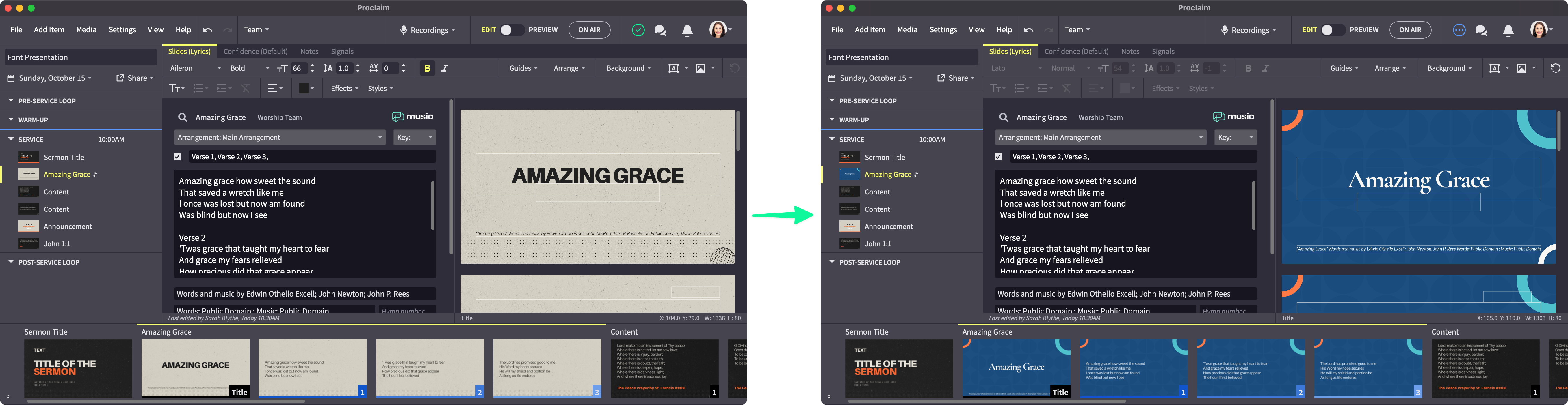side-by-side comparison of the same slide with two different applied smart media packages