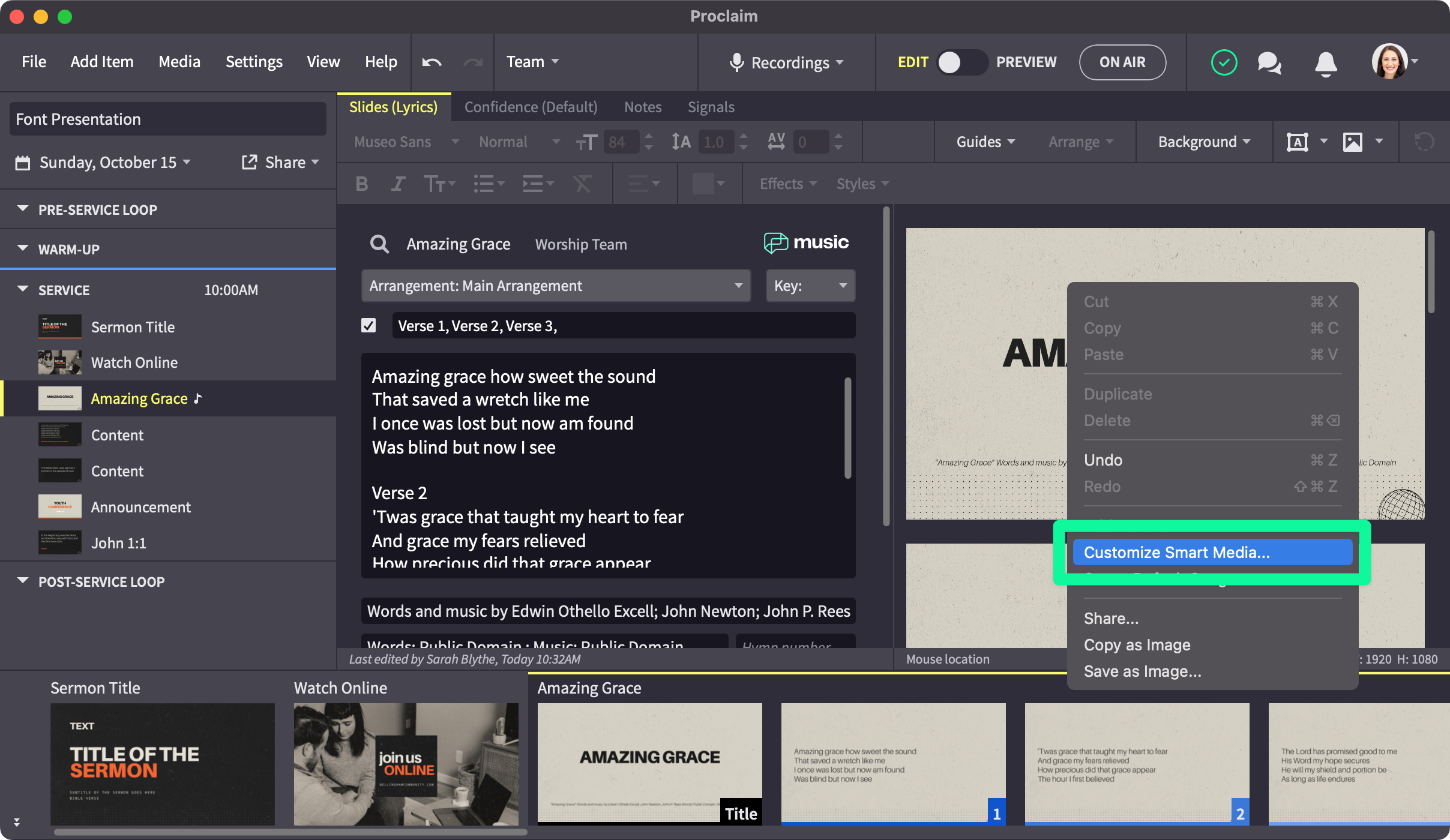 Right-click menu showing customize smart media option