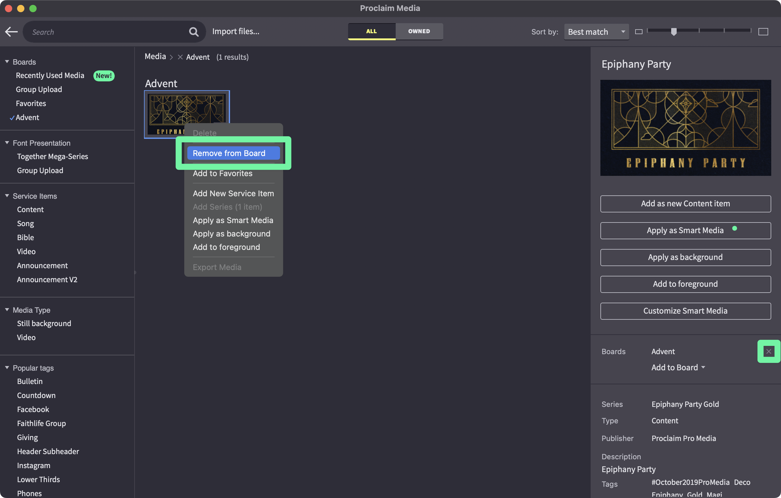 Remove From Board Options Higlighted In Main Panel And Info Pane Of Media Browser