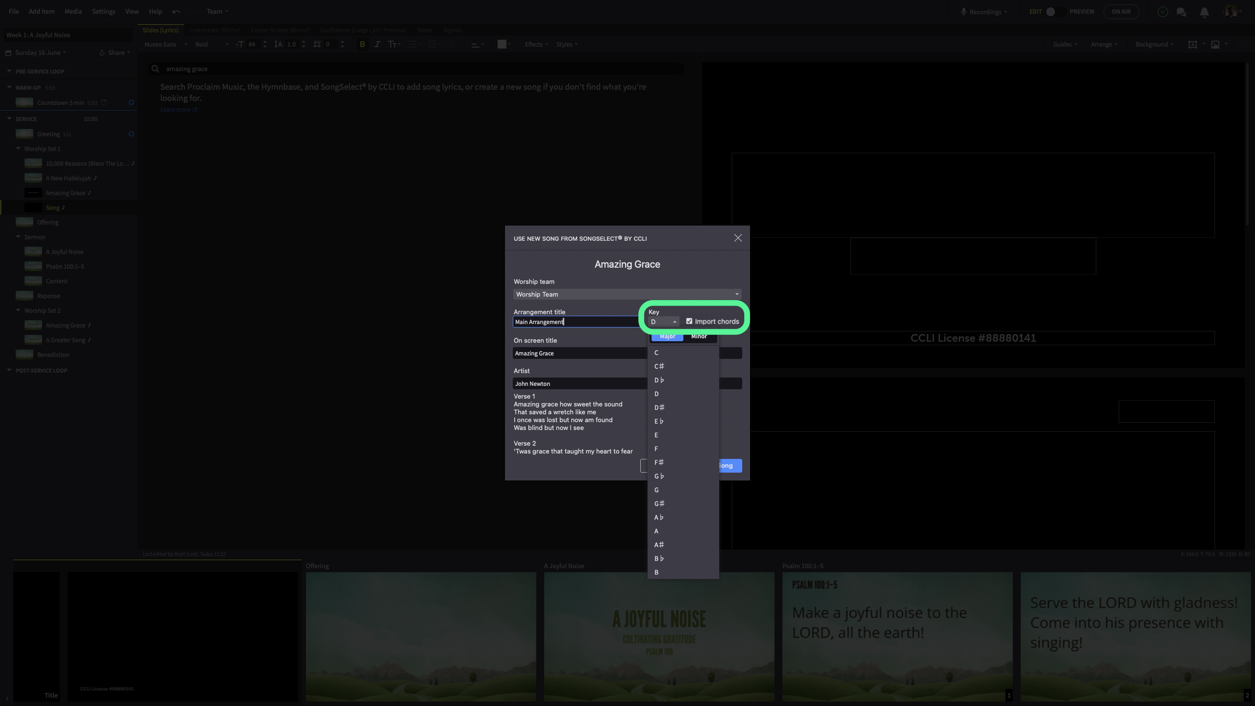 Select A Key And Check Import Chords