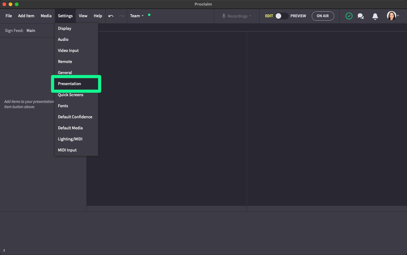 Open presentation settings