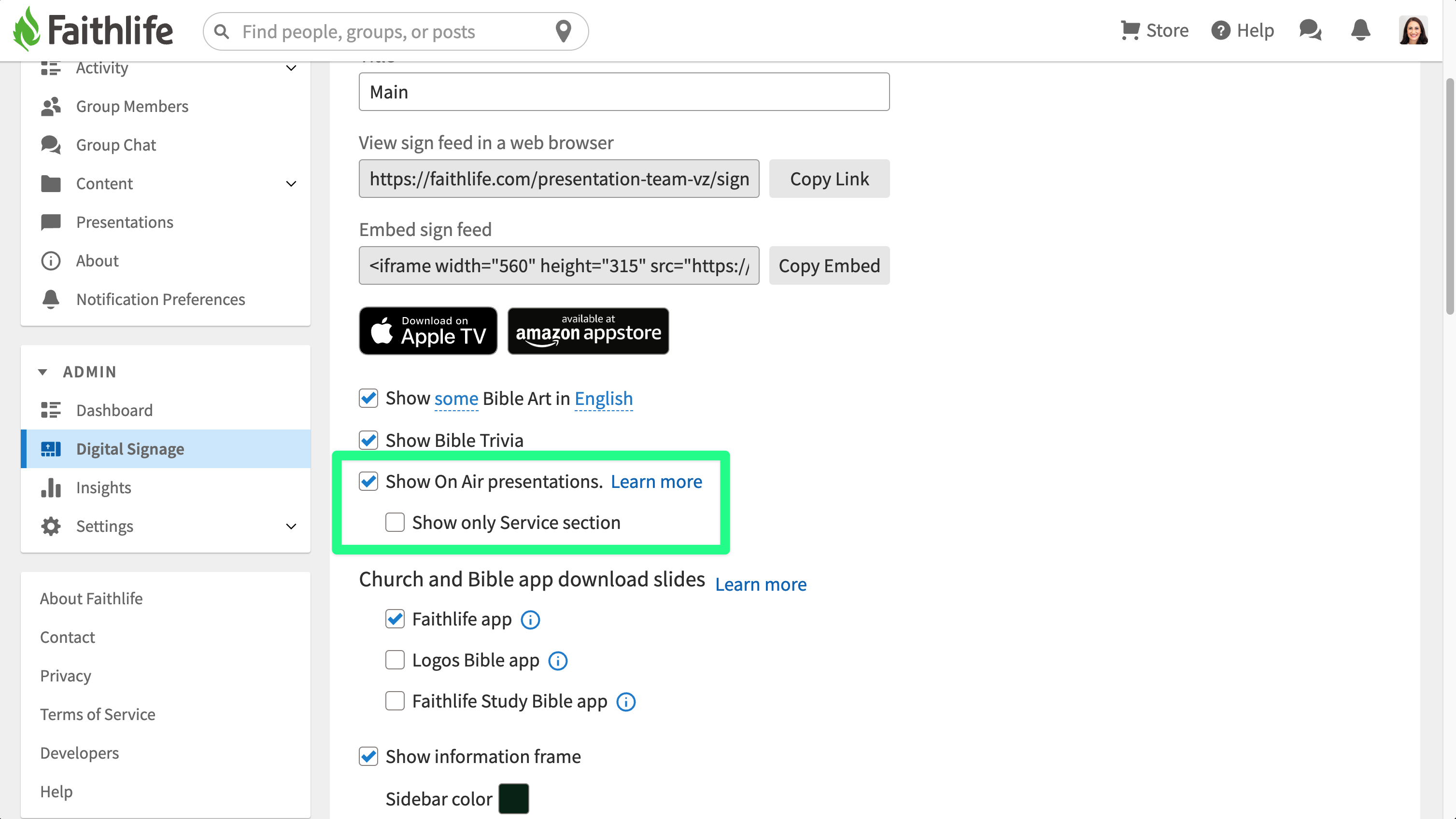 Add OnAir presentation to a sign feed
