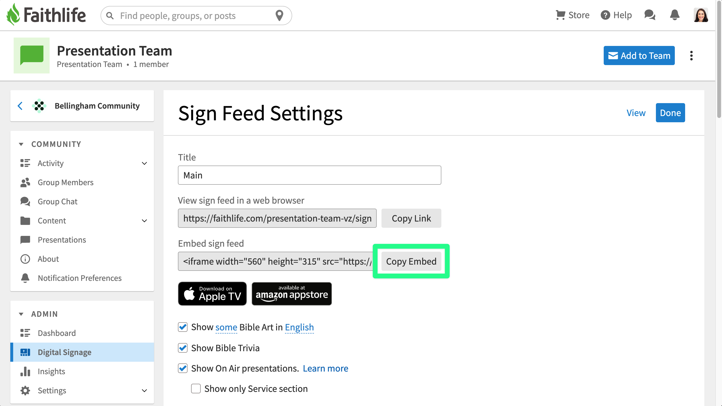 Copy embed sign feed