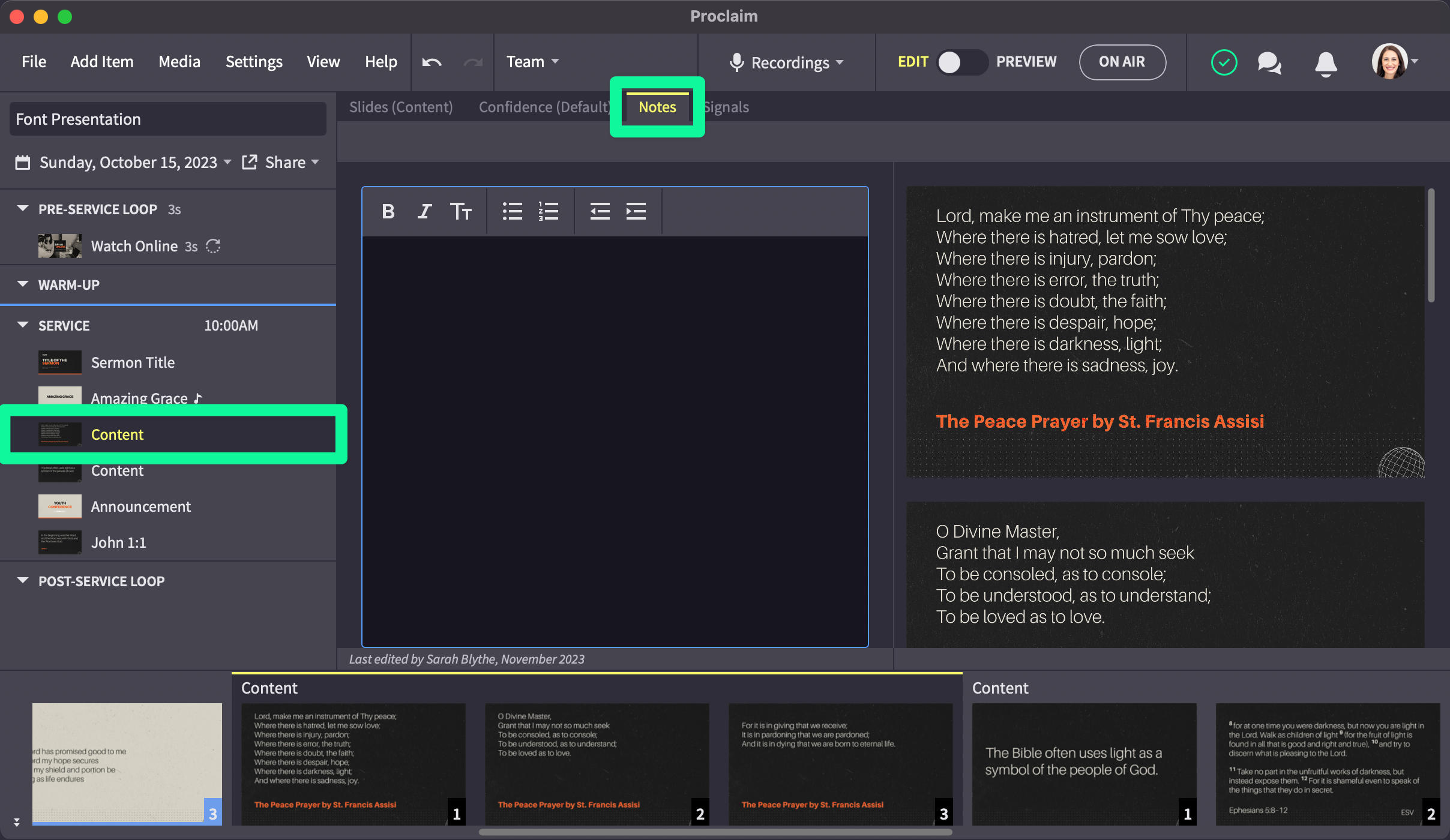 Service content item with notes tab highlighted