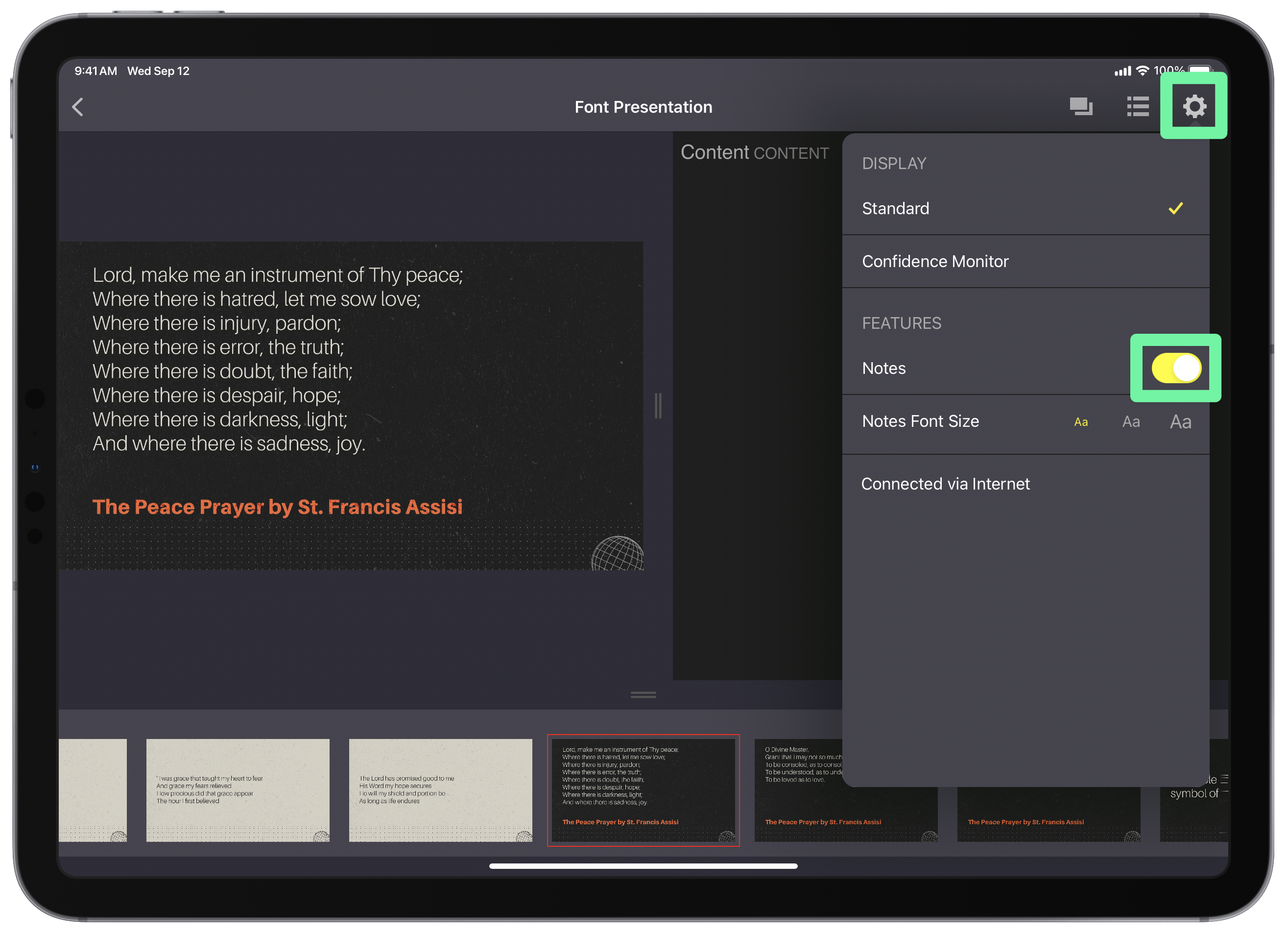 Proclaim remote app with notes option highlighted
