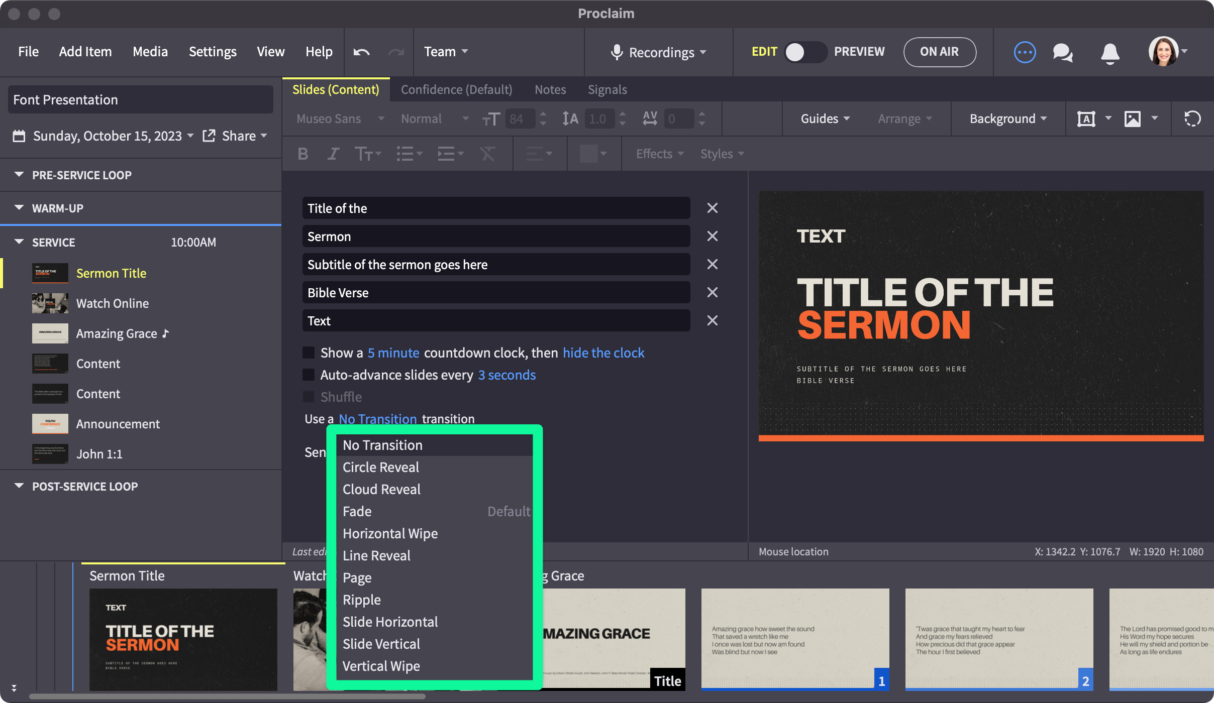Slide Transition Options Highlighted