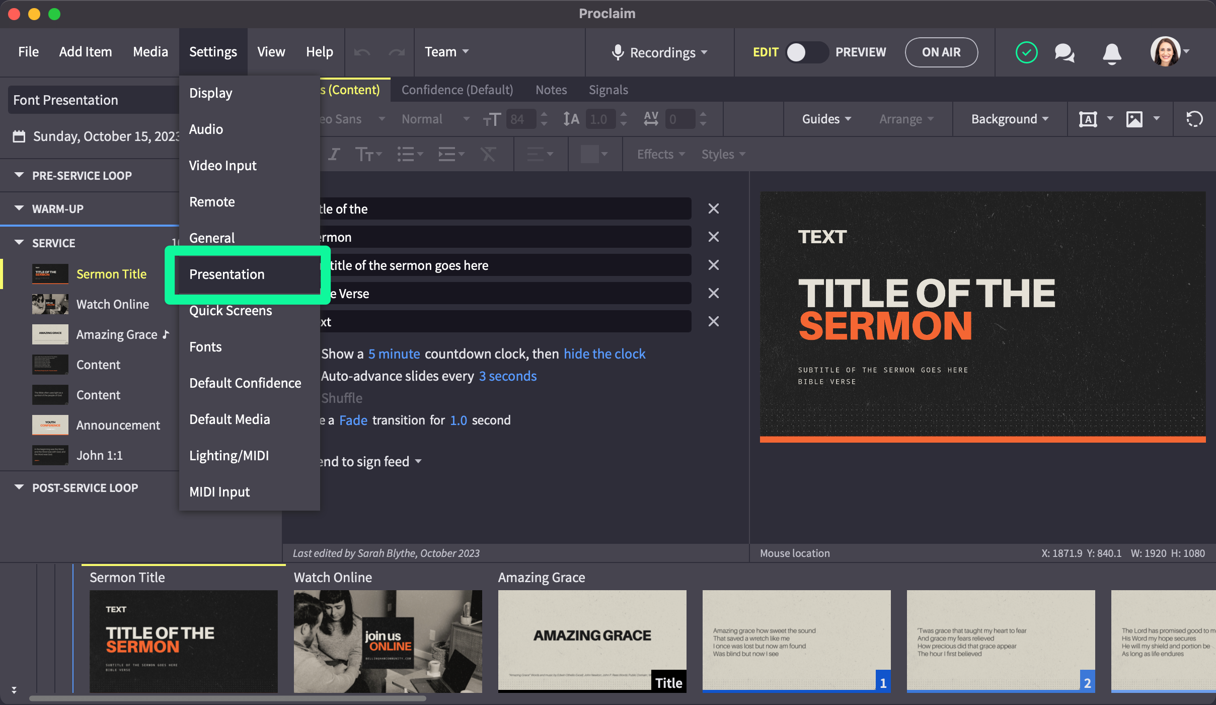 Settings Menu With Presentation Option Highlighted
