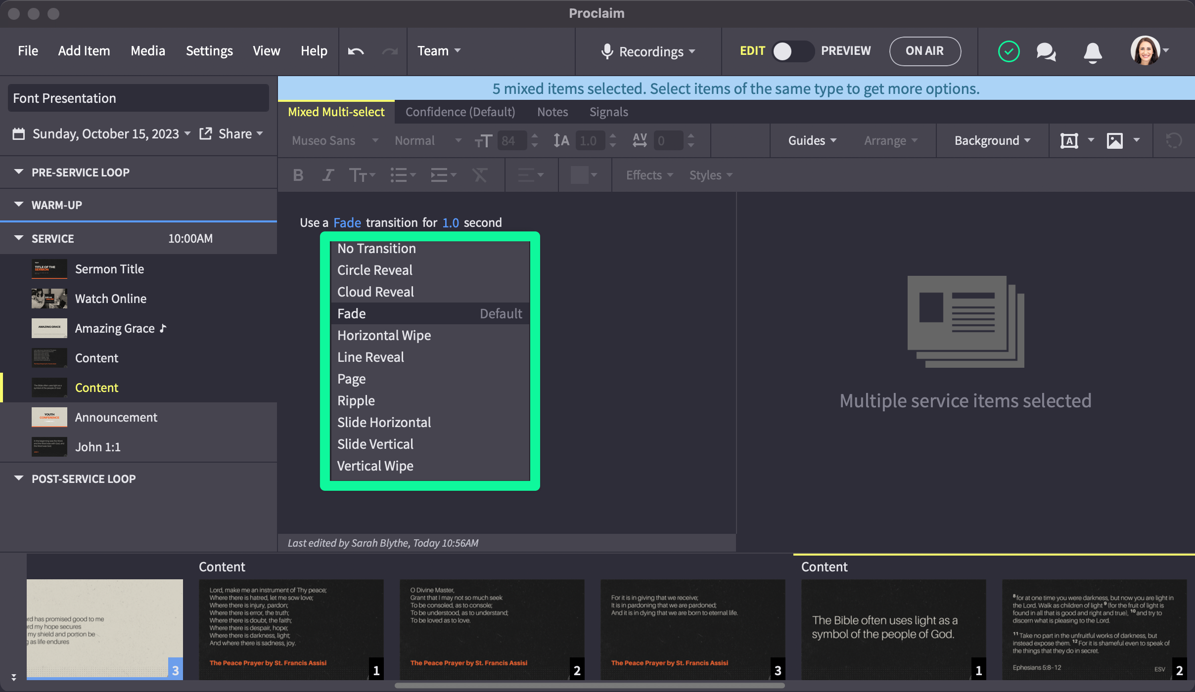Multiple Slides Selected With Transition Menu Expanded