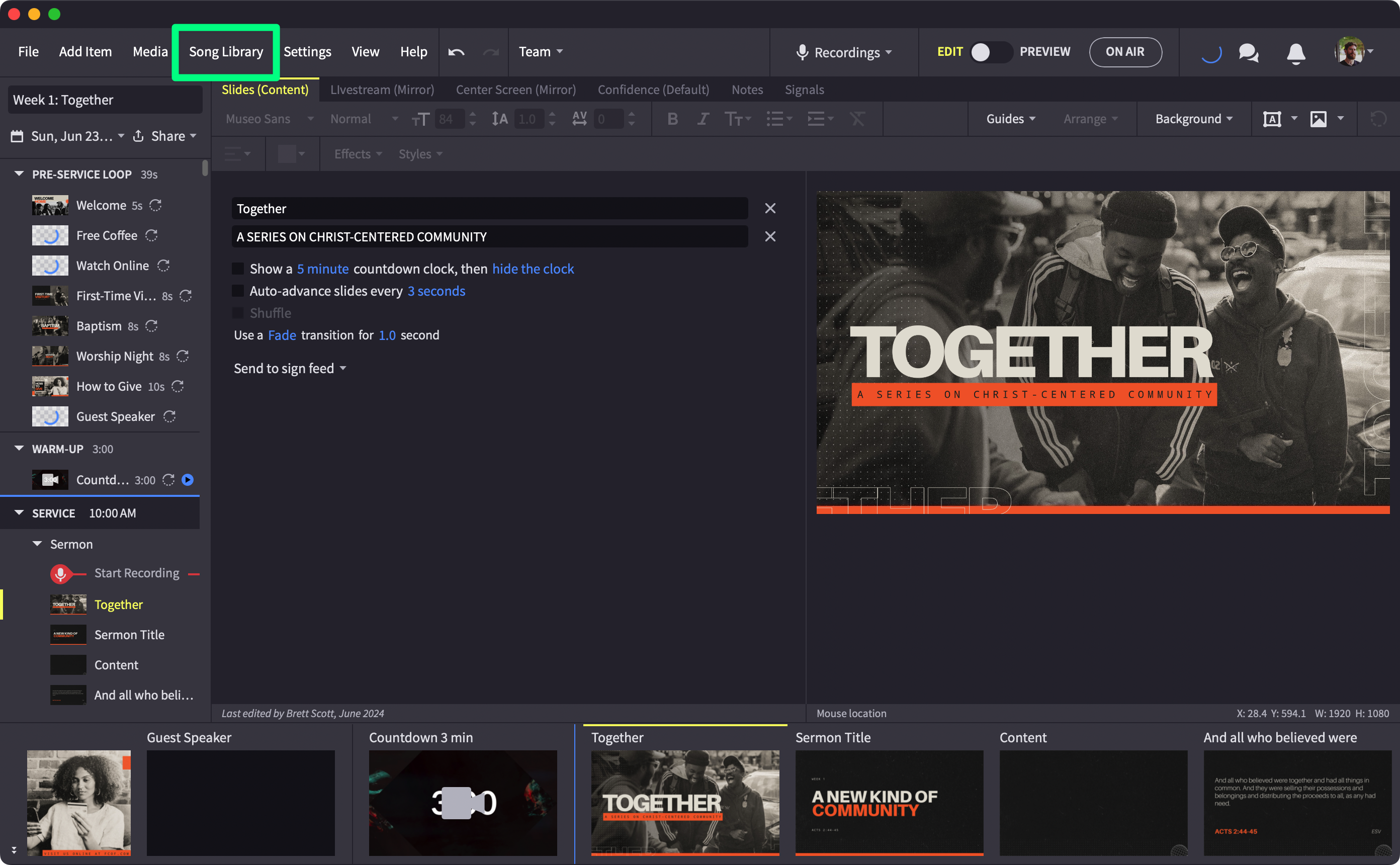 A Proclaim Presentation With The Song Library Menu Item Highlighted