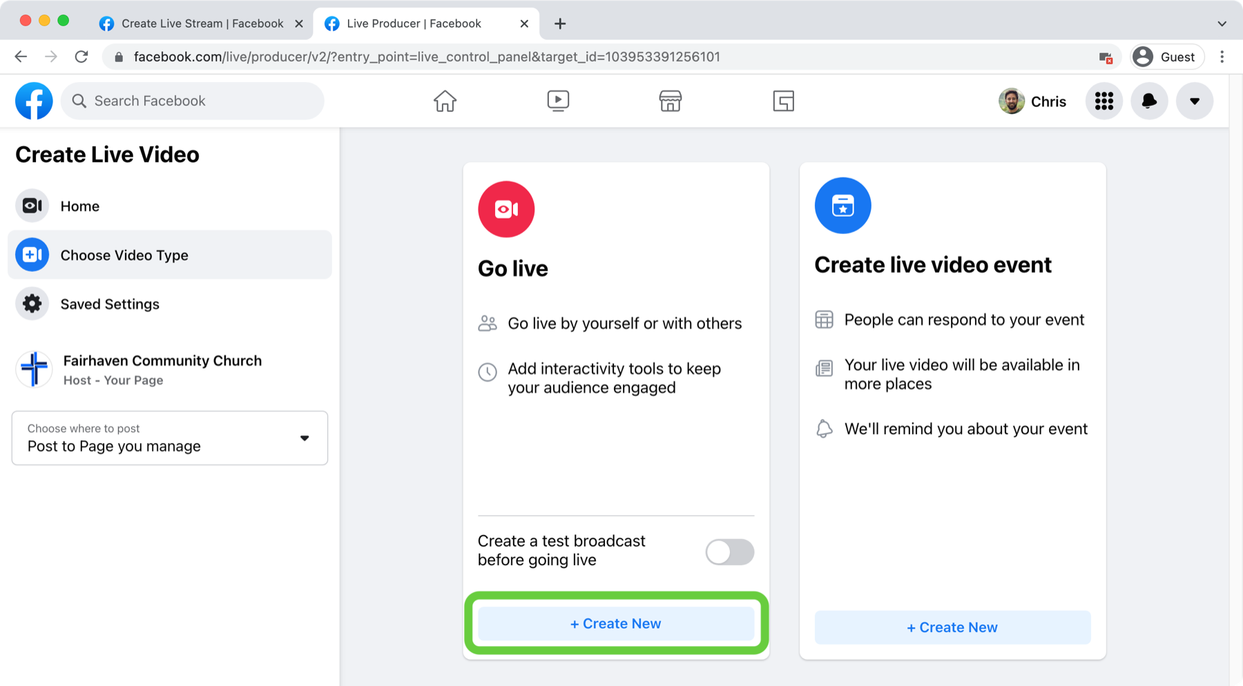 Go live: pulsante Create New